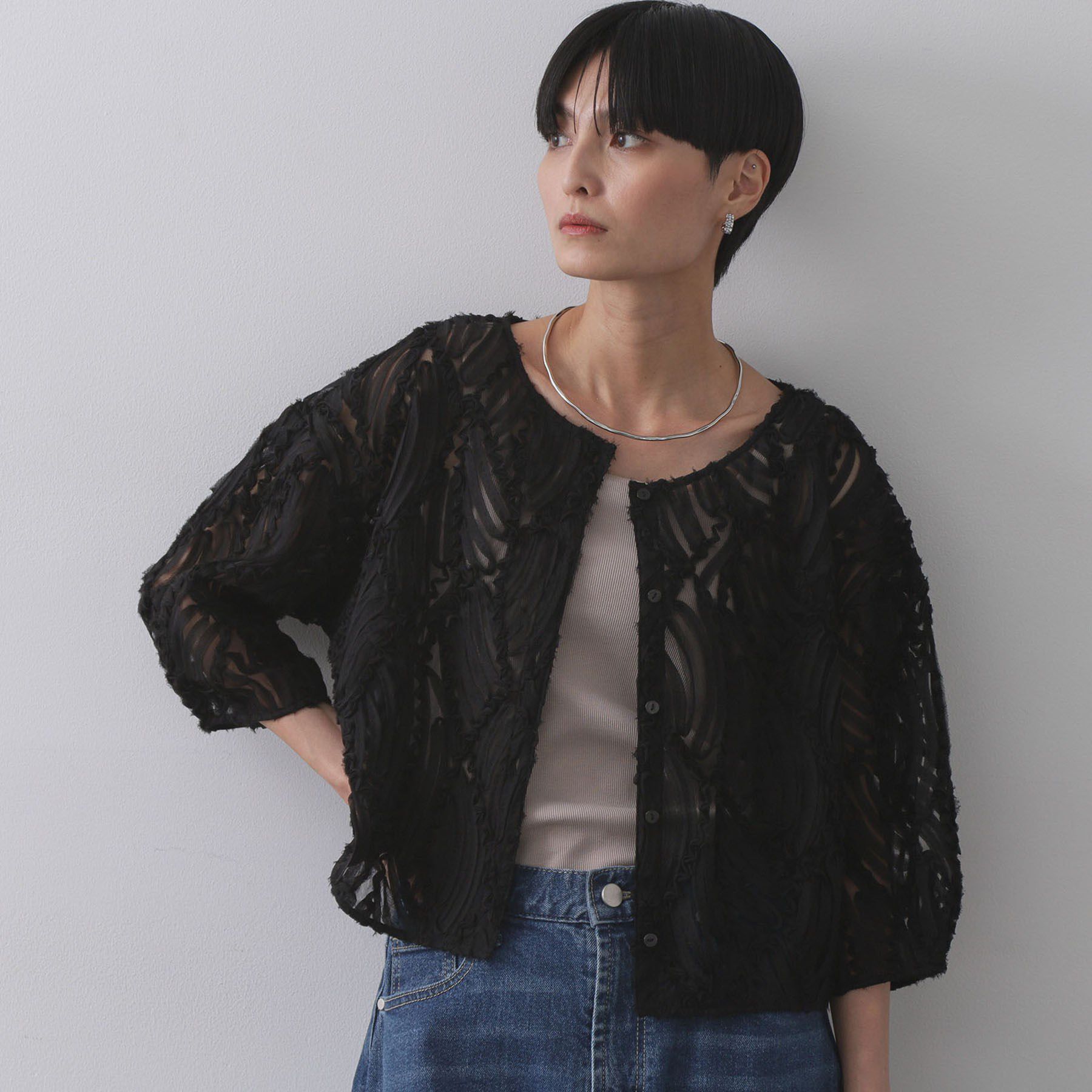 OPAQUE.CLIP「シアー刺繍レース前開きブラウス【洗濯機洗い可】」|シャツ・ブラウス|ブラック(019)