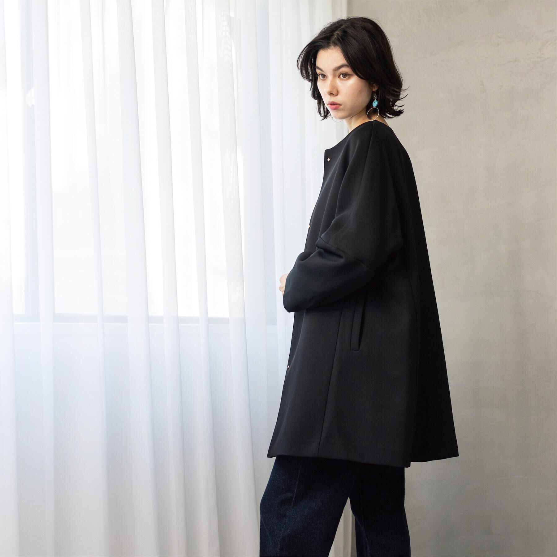 OPAQUE.CLIP「フォルムスリーブミドルコート【洗濯機OK】」|ノーカラーコート|