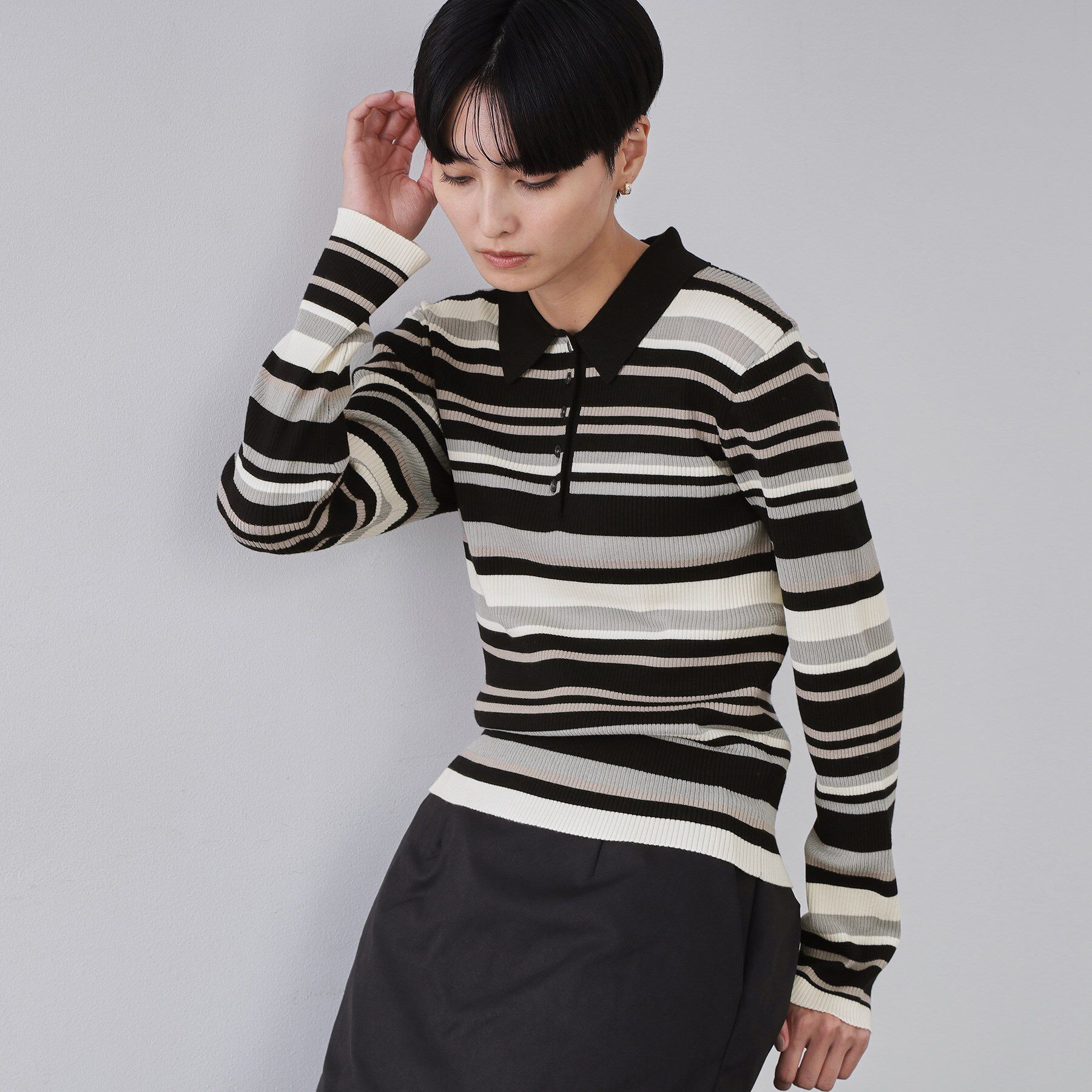OPAQUE.CLIP「マルチボーダーポロニット【洗濯機OK】」|ニット・セーター|ブラック(319)