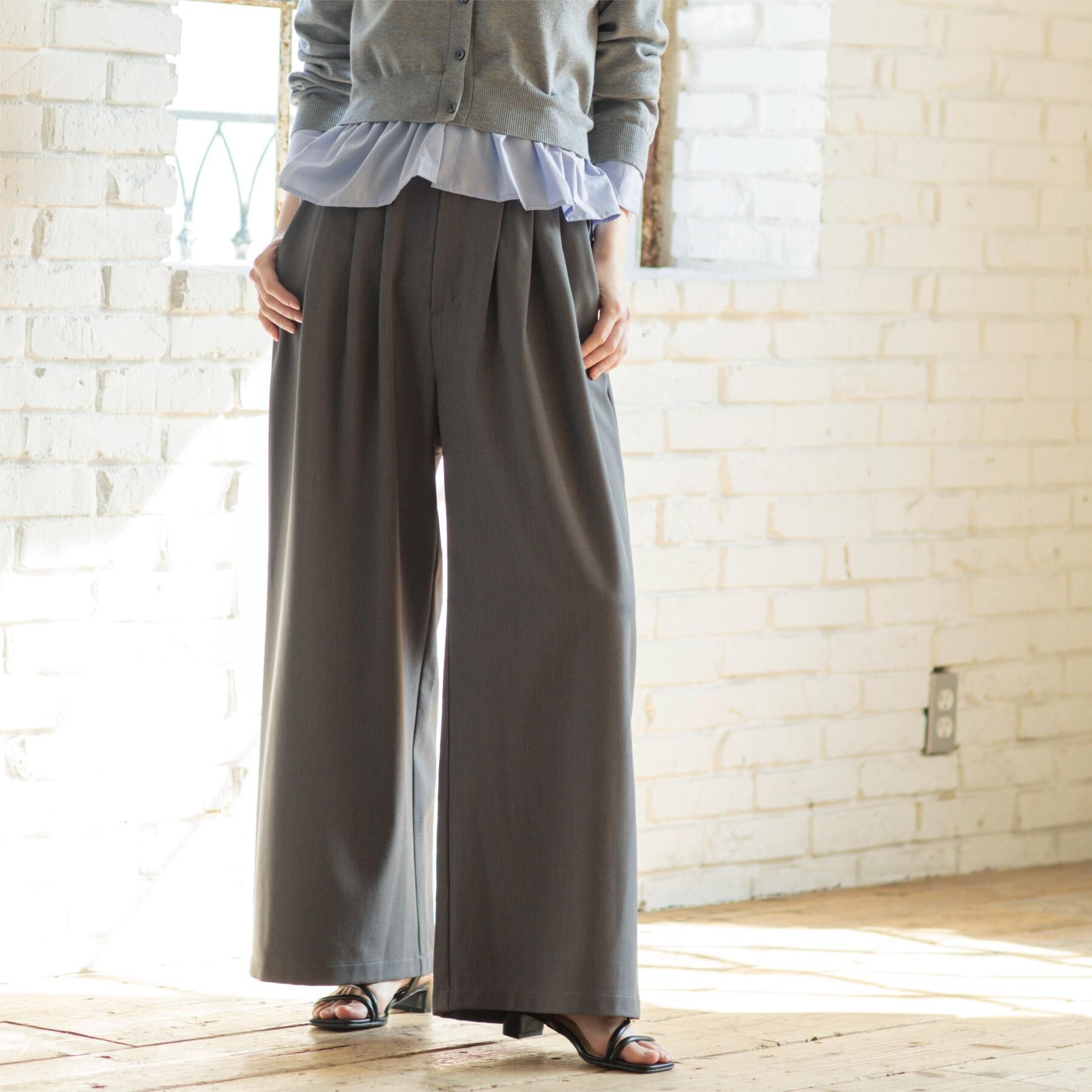 OPAQUE.CLIP「美脚ストレッチ イージータックワイドパンツ【洗濯機OK】」|その他|チャコールグレー(0