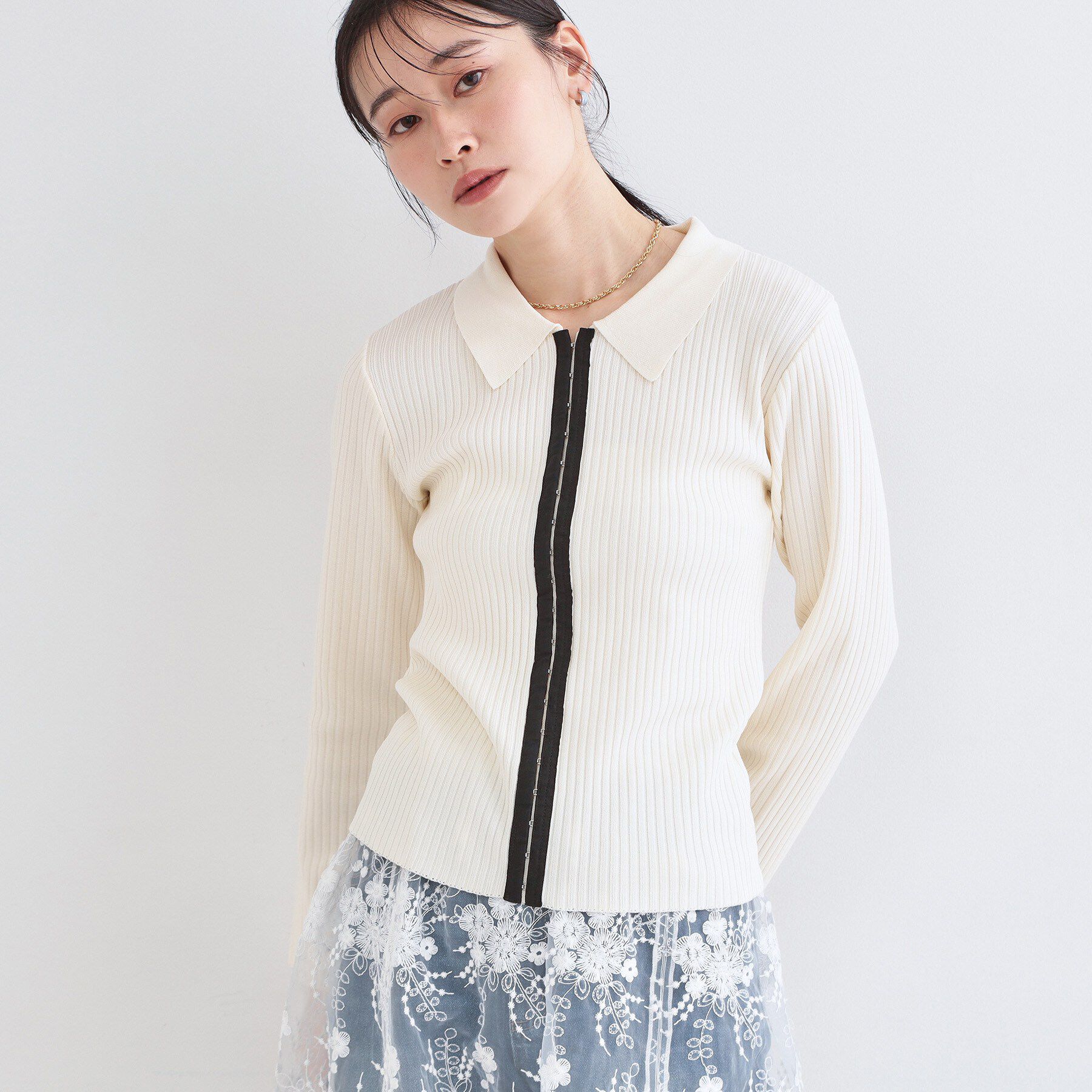 OPAQUE.CLIP「ポロ衿ホック使いリブニットカーディガン【洗濯機OK】」|カーディガン|