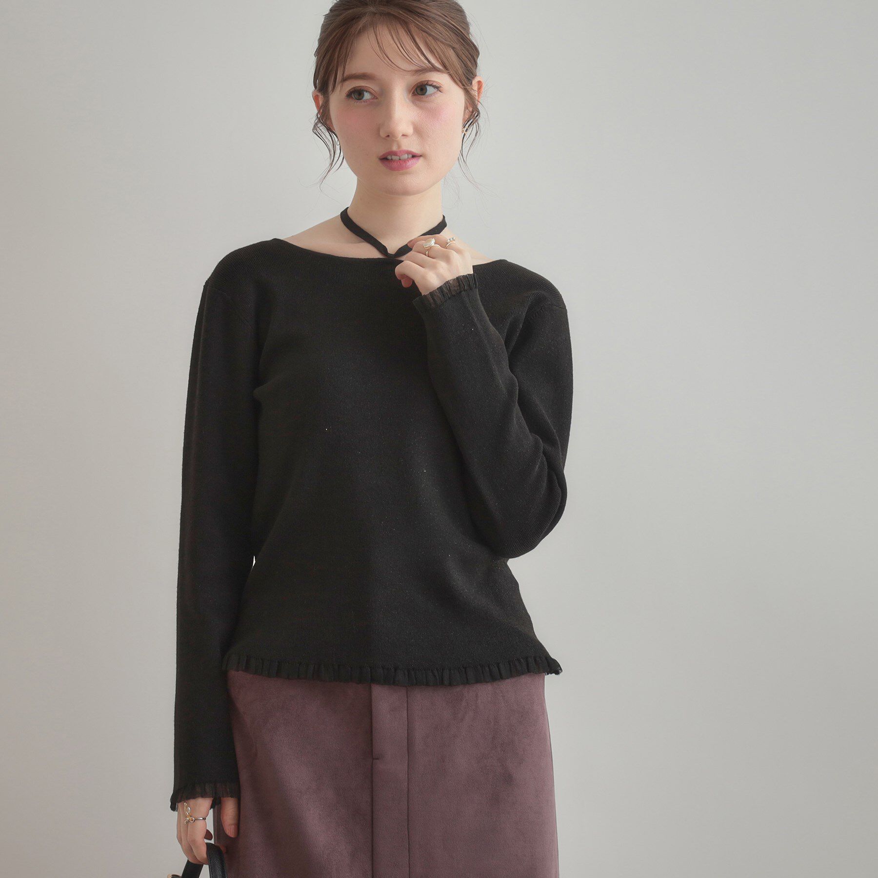 Couture broach「【大人可愛い・リボン取り外し可】前後2WAYラメリブ シアープチフリルニット」|ニット・セーター|