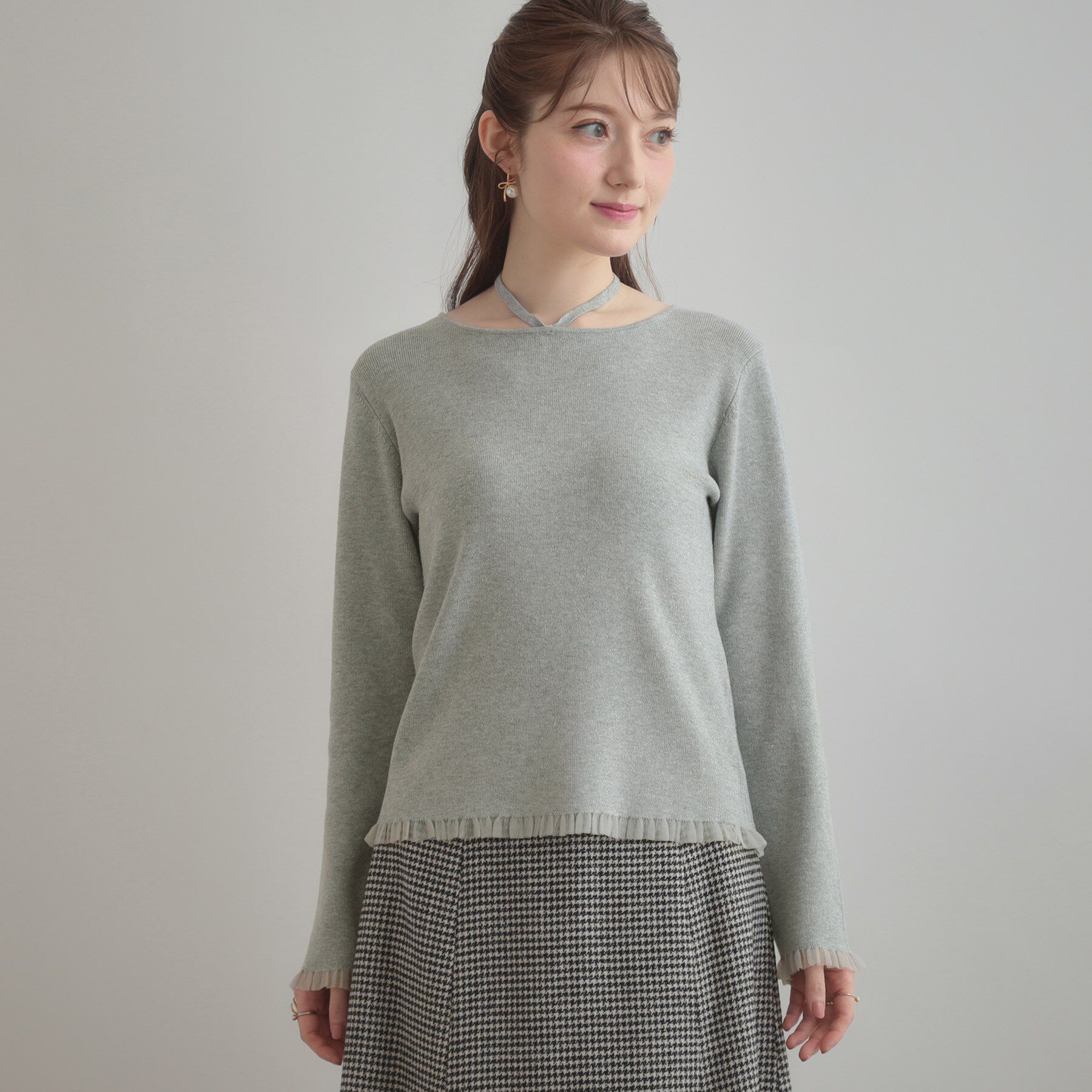 Couture broach「【大人可愛い・リボン取り外し可】前後2WAYラメリブ シアープチフリルニット」|ニット・セーター|