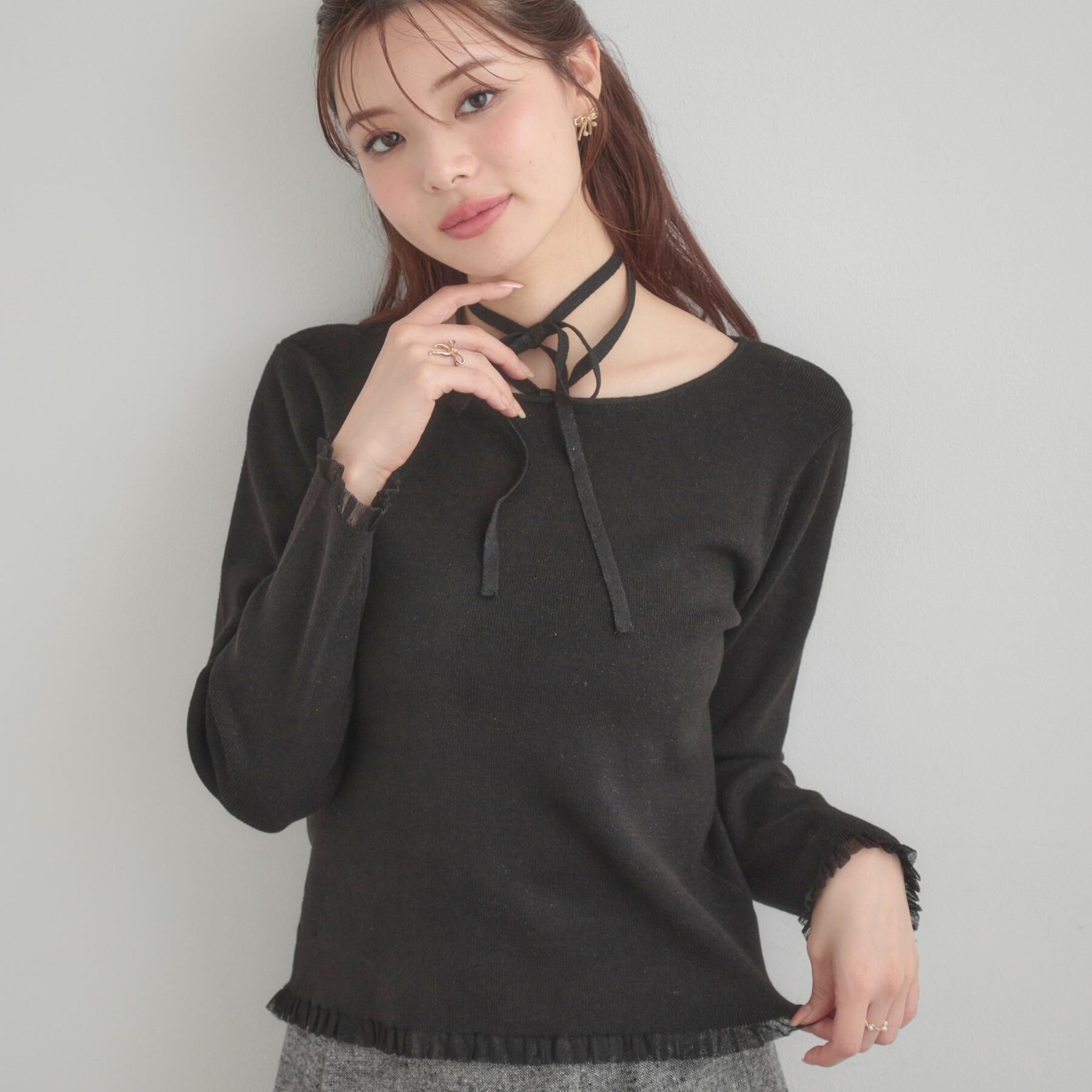 Couture broach「【大人可愛い・リボン取り外し可】前後2WAYラメリブ シアープチフリルニット」|ニット・セーター|ブラック(019)