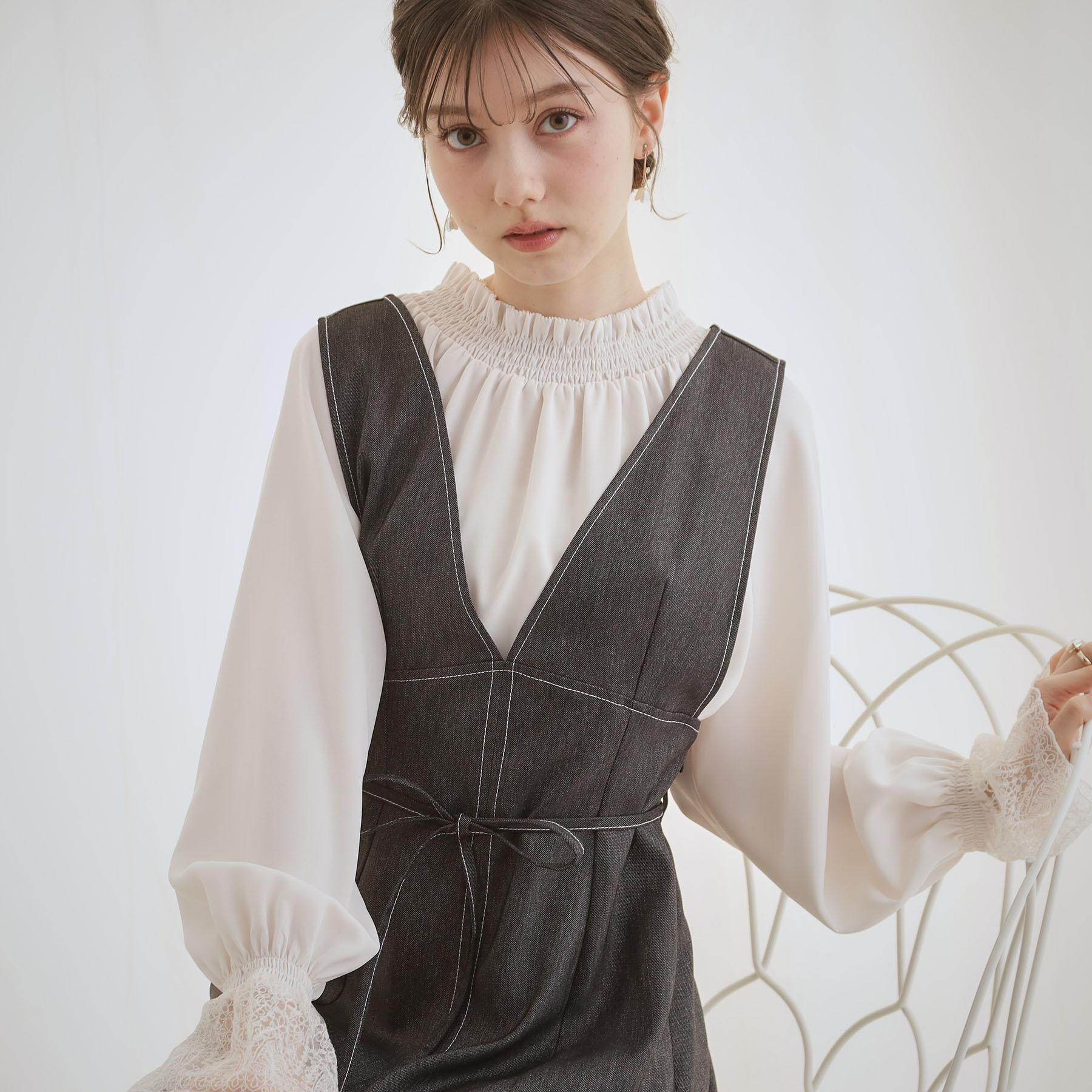 Couture broach「【通勤・着映え】レースカフス ピコシャーリング バックリボンブラウス」|シャツ・ブラウス|