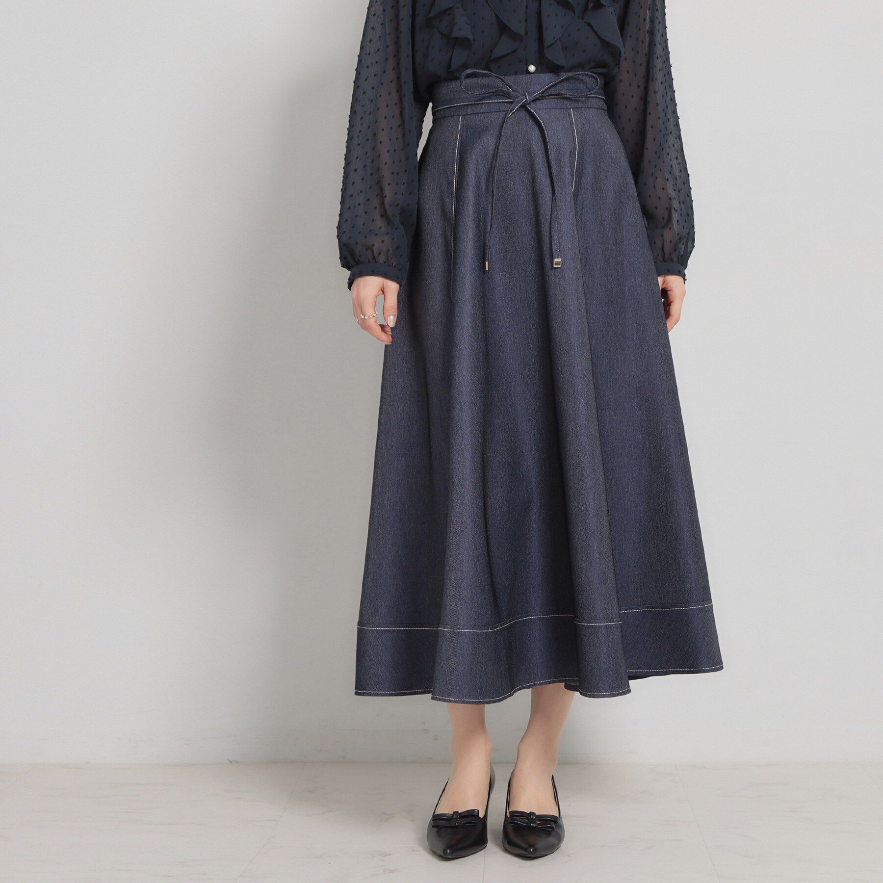 Couture broach「【洗える】デニムライク細リボンスカート」|スカート|