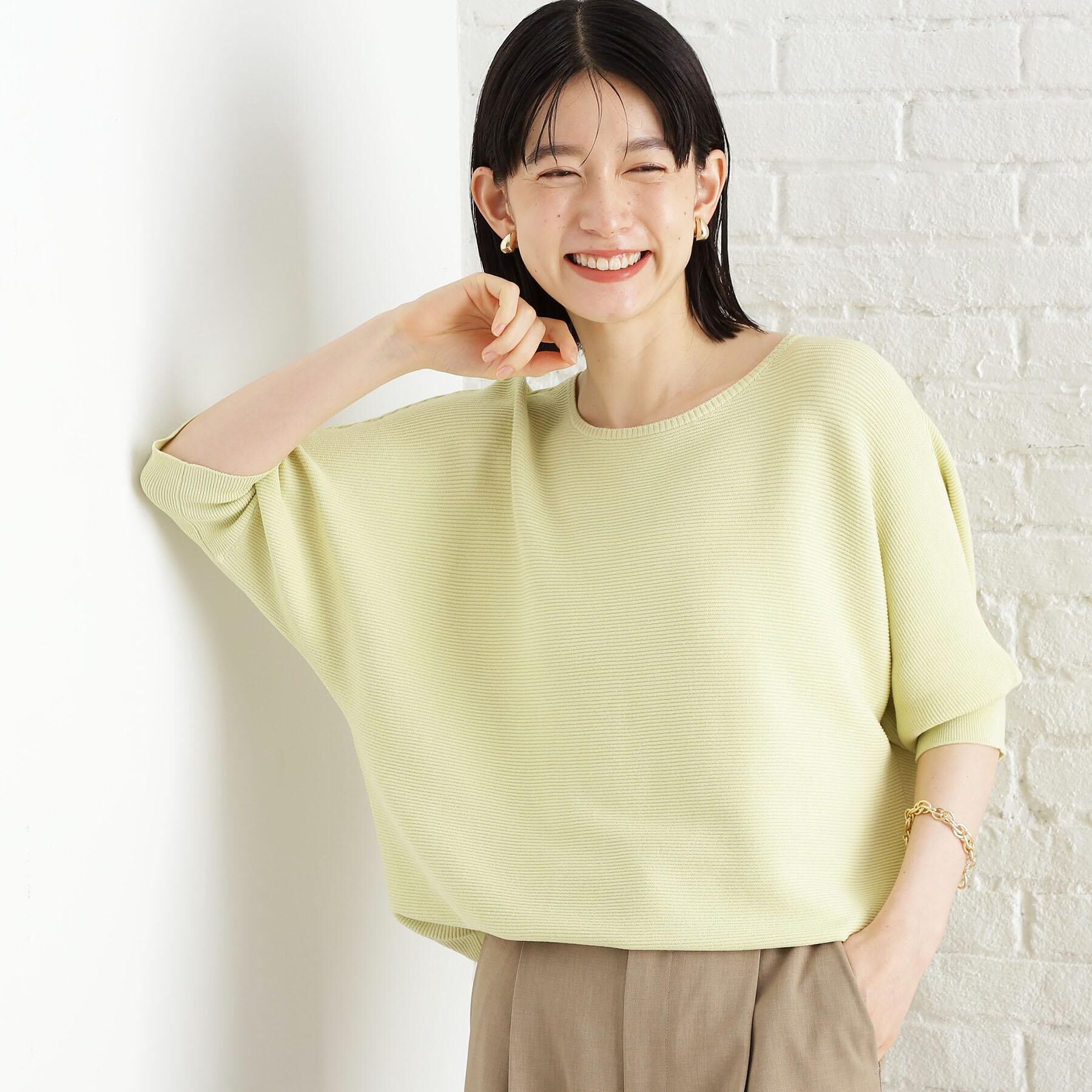 THE SHOP TK「6分袖ガータードルマンニット【エコベロ/洗濯機OK】」|ニット・セーター|グリーン(025)