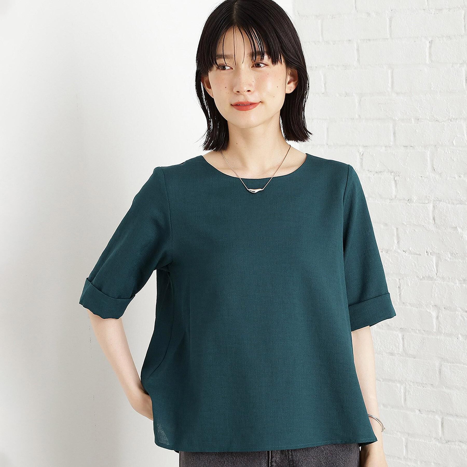 THE SHOP TK「麻調メッシュブラウス【二の腕カバー/洗える】」|シャツ・ブラウス|グリーン(023)