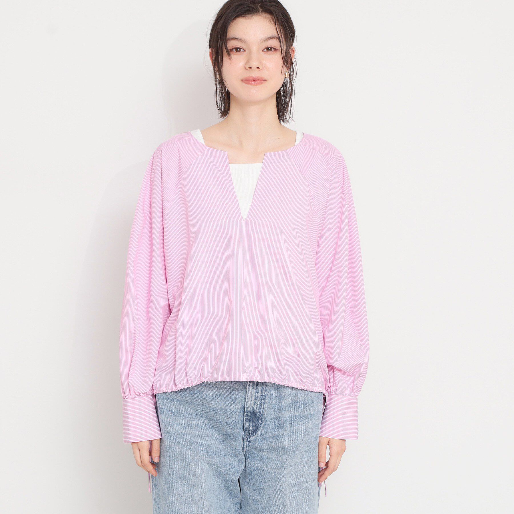 THE SHOP TK「キーネックストライプドロストシャツブラウス」|シャツ・ブラウス|