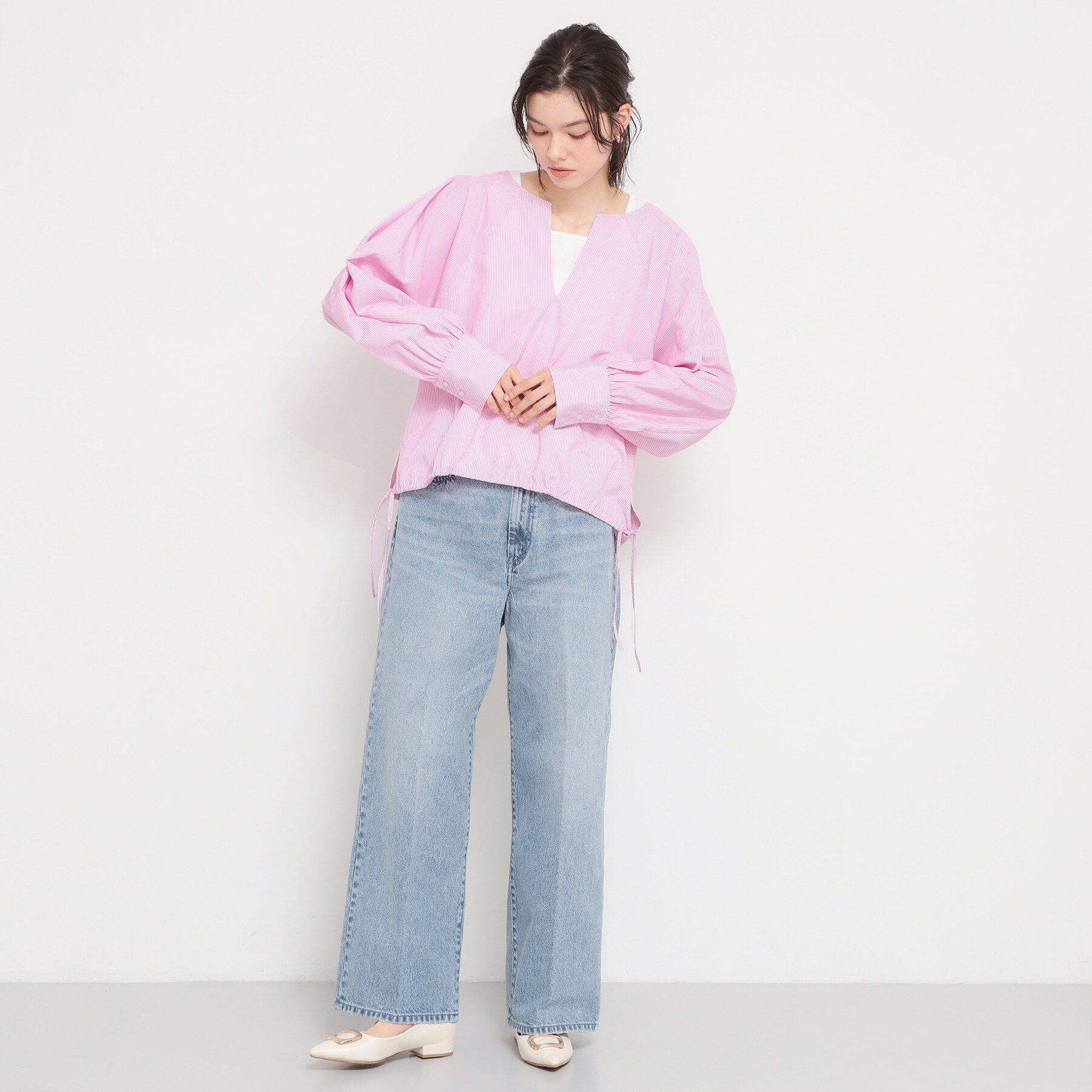 THE SHOP TK「キーネックストライプドロストシャツブラウス」|シャツ・ブラウス|