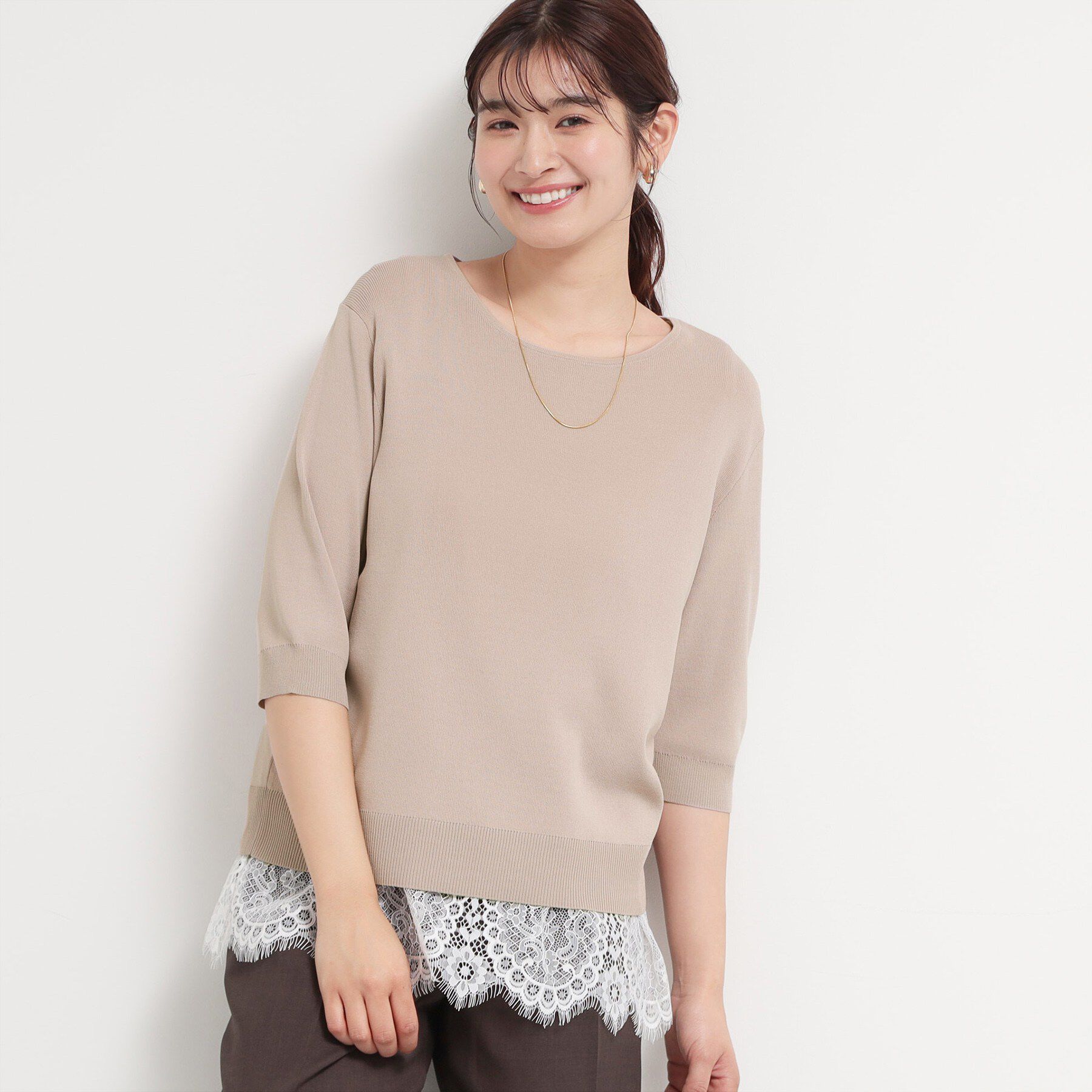 THE SHOP TK「【ひんやりタッチ】多機能6分袖プルオーバー 洗濯機OK/UVケア/毛玉になりにくい」|ニット・セーター|ピンクベージュ(05