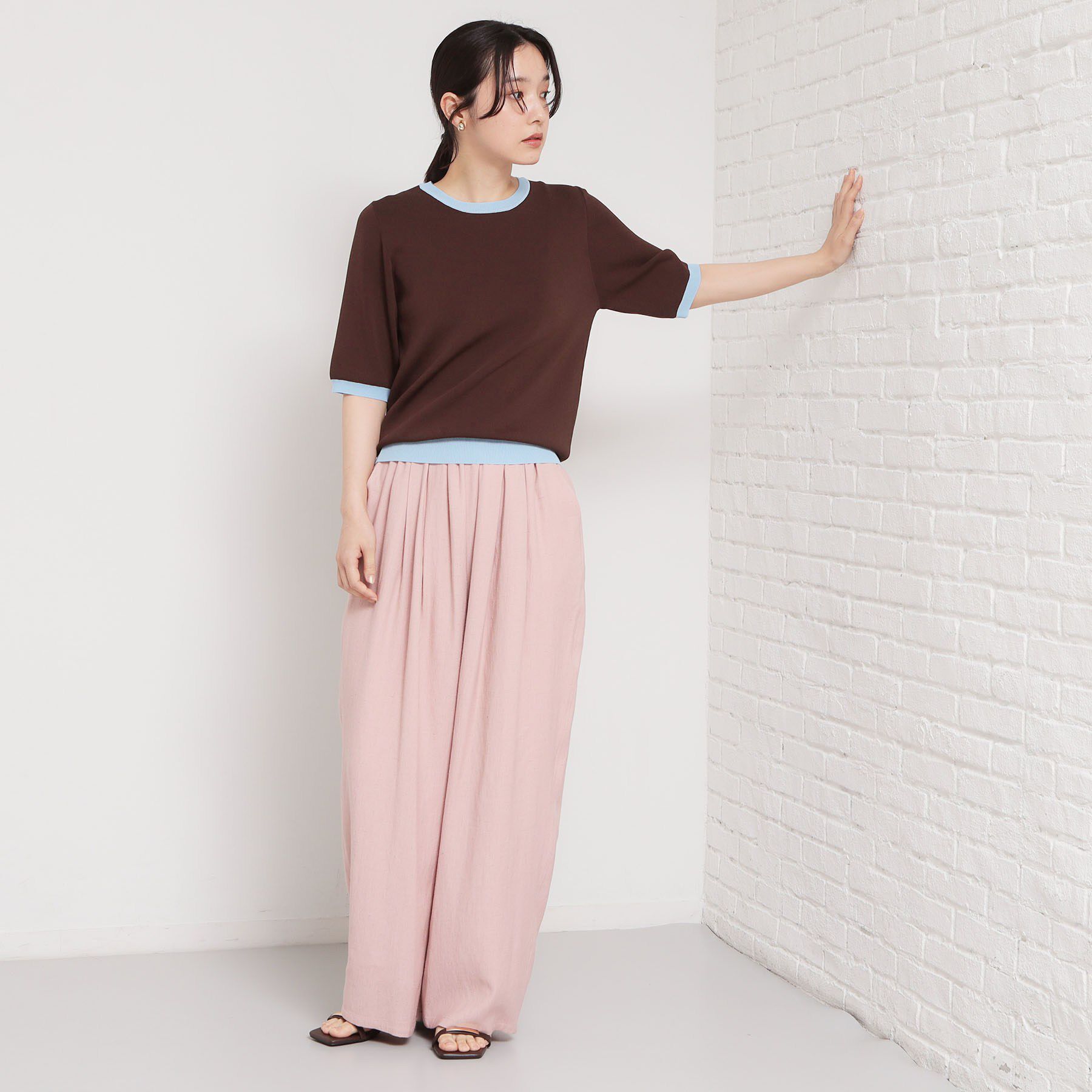 THE SHOP TK「【接触冷感/洗濯機OK/毛玉になりにくい/UV】さりげないラインで品よく映える 配色5分袖ニット」|ニット・セーター|