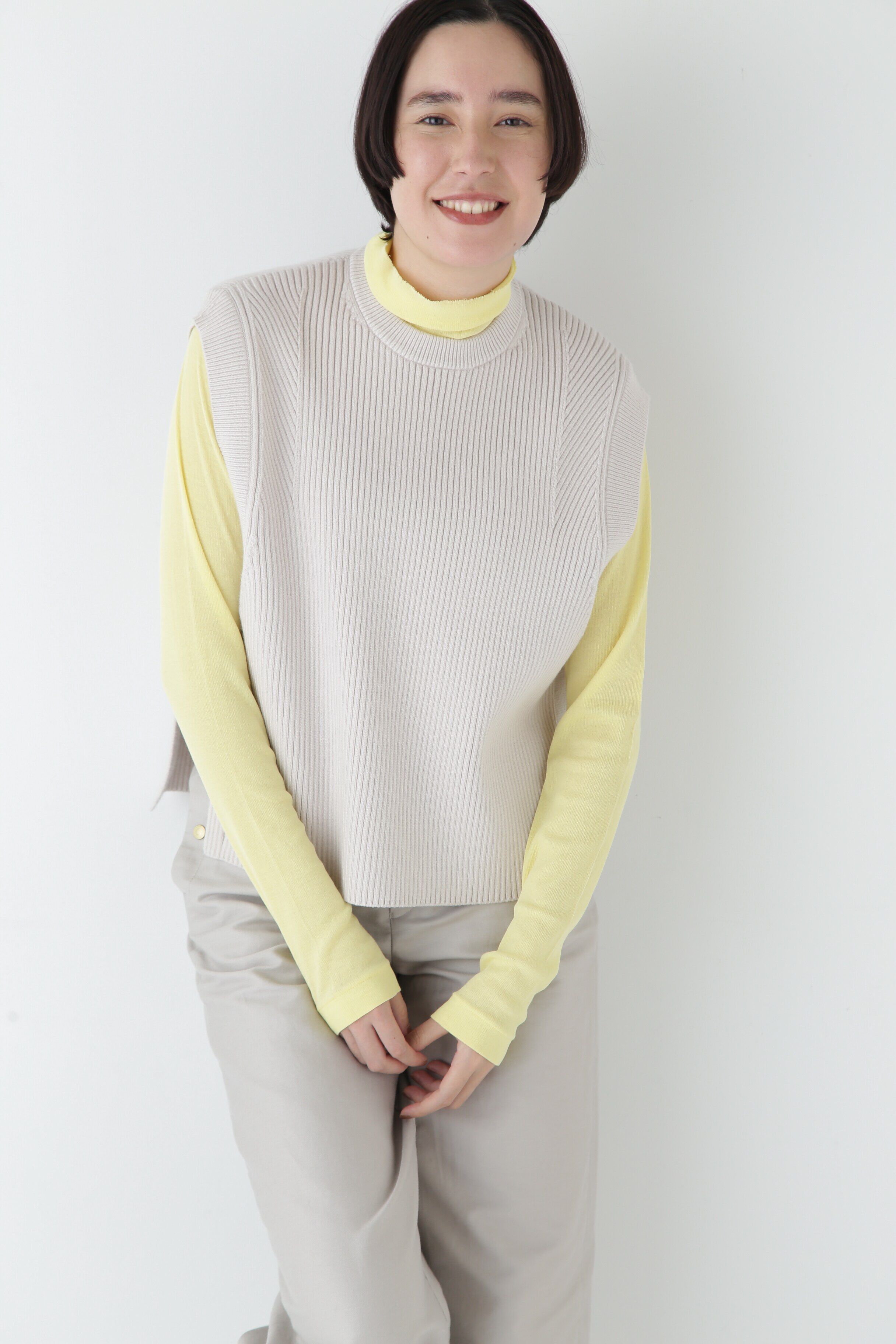  「◆【ウォッシャブル】綿ポリリブ見えクルーベスト」|ニット・セーター|