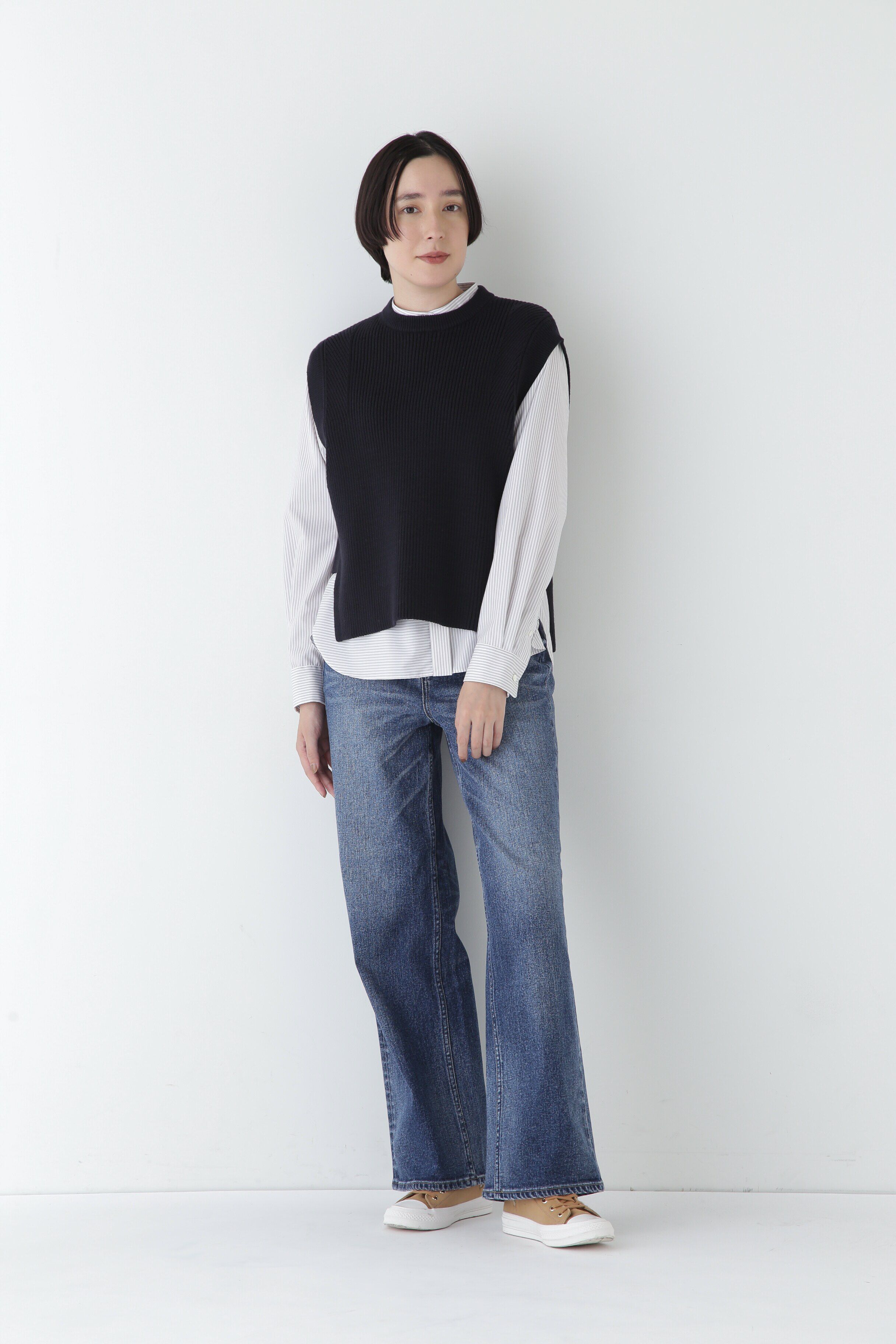  「◆【ウォッシャブル】綿ポリリブ見えクルーベスト」|ニット・セーター|