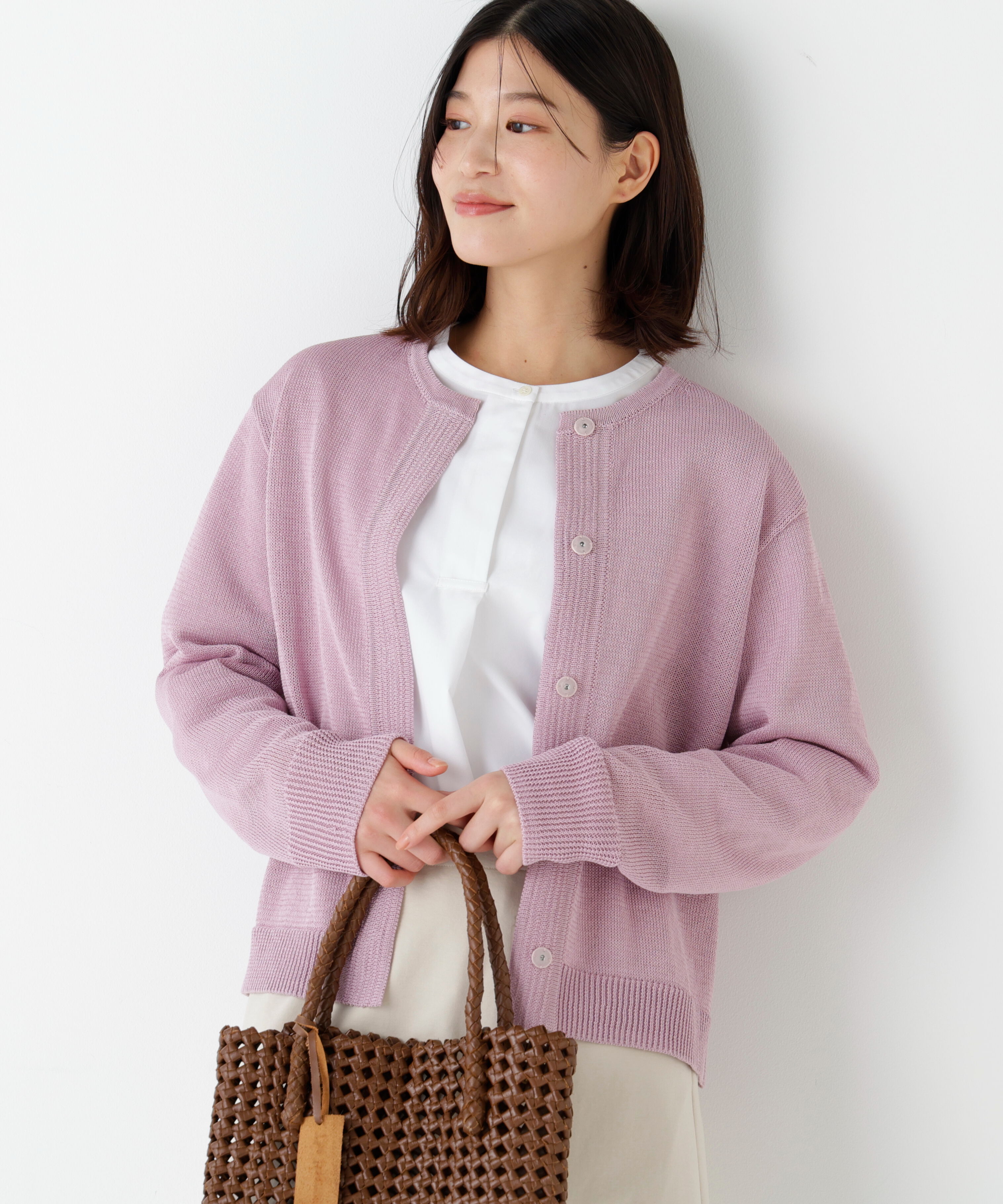  「◆《ウォッシャブル》ミドルゲージギマクルーネックカーディガン」|ニット・セーター|ラベンダー