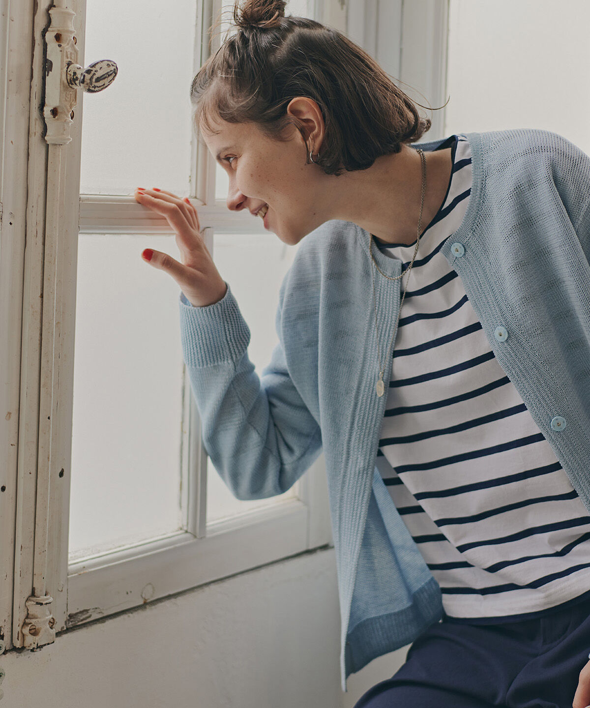  「◆《ウォッシャブル》ミドルゲージギマクルーネックカーディガン」|ニット・セーター|ブルー