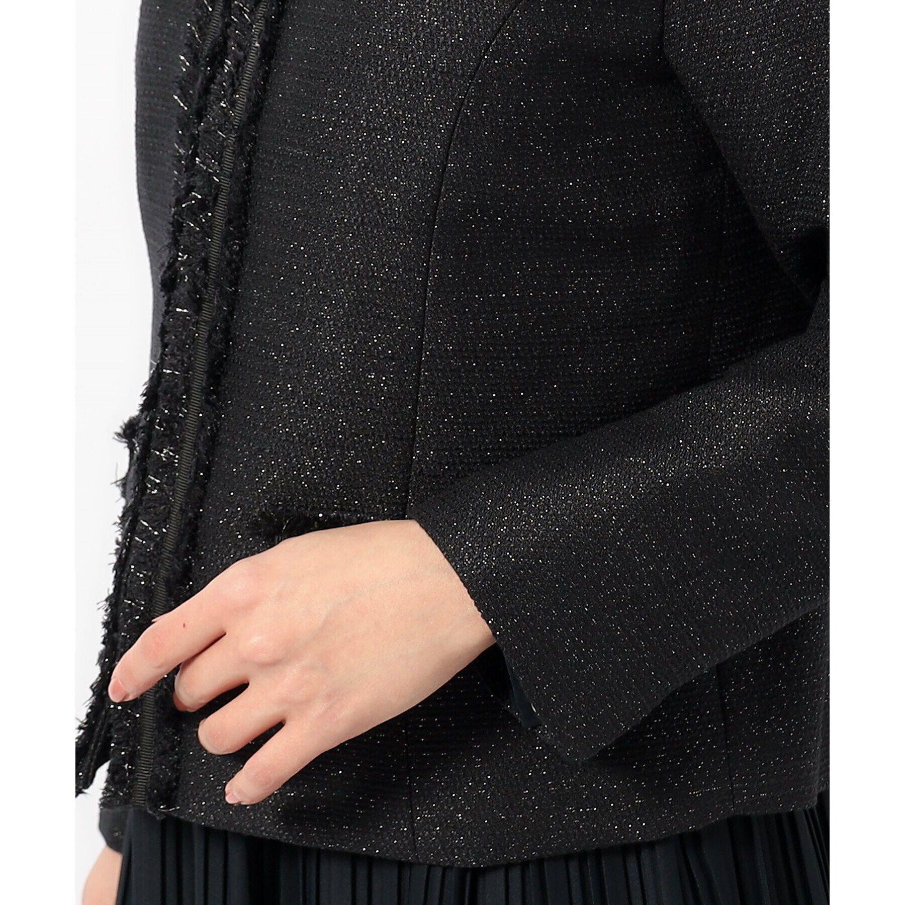 SHOO･LA･RUE「【S-3L】ツイードフリンジノーカラージャケット」|ノーカラージャケット|