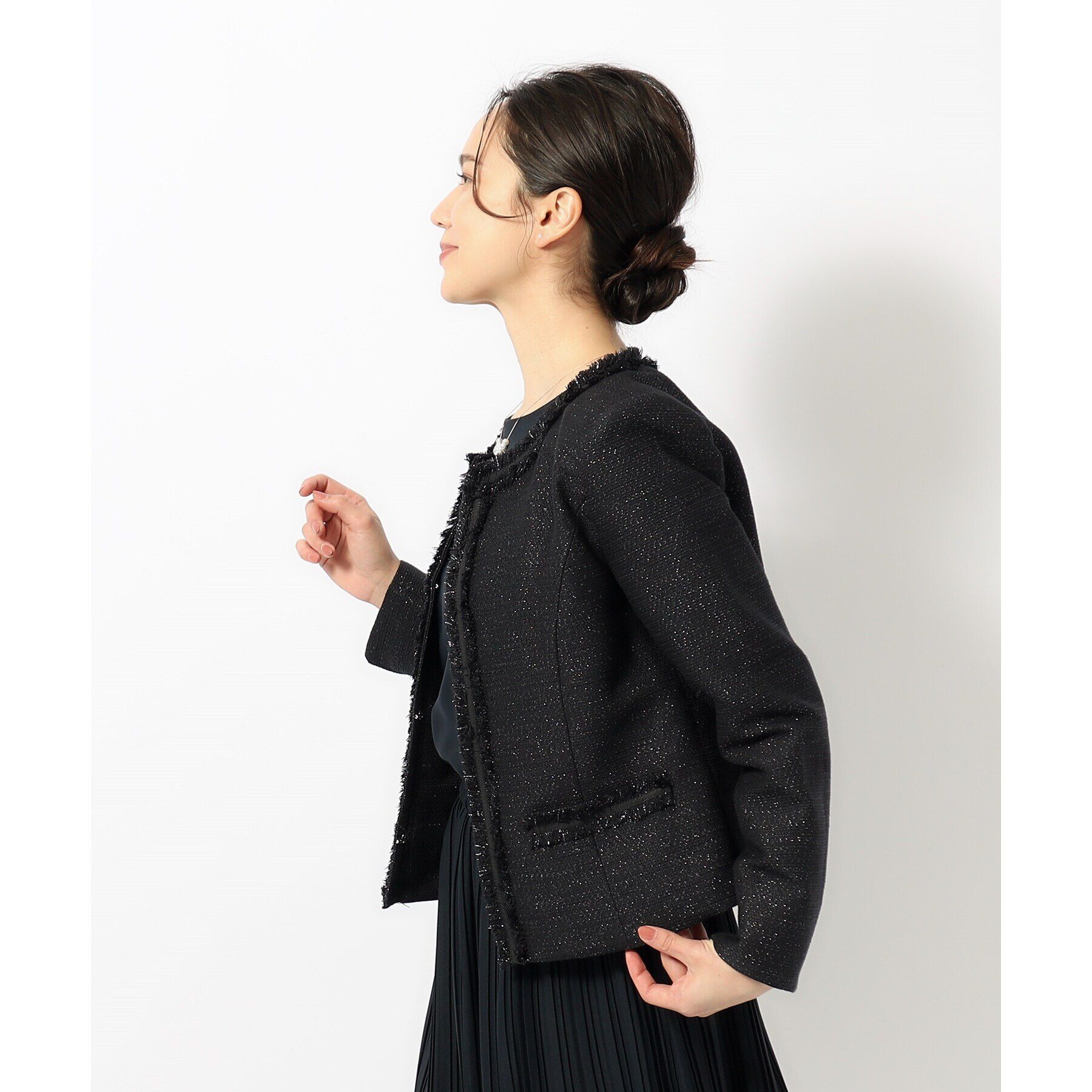 SHOO･LA･RUE「【S-3L】ツイードフリンジノーカラージャケット」|ノーカラージャケット|