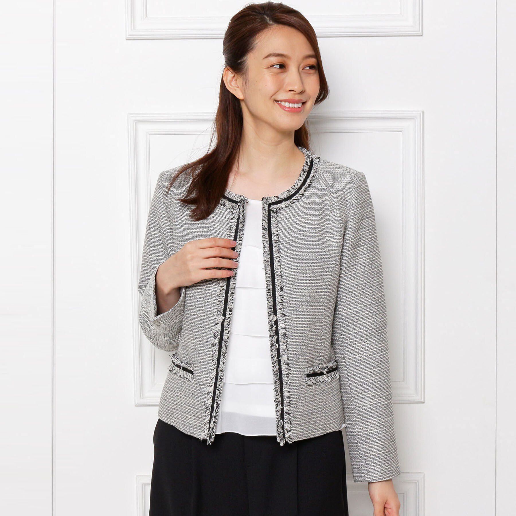 SHOO･LA･RUE「【S-3L】ツイードフリンジノーカラージャケット」|ノーカラージャケット|