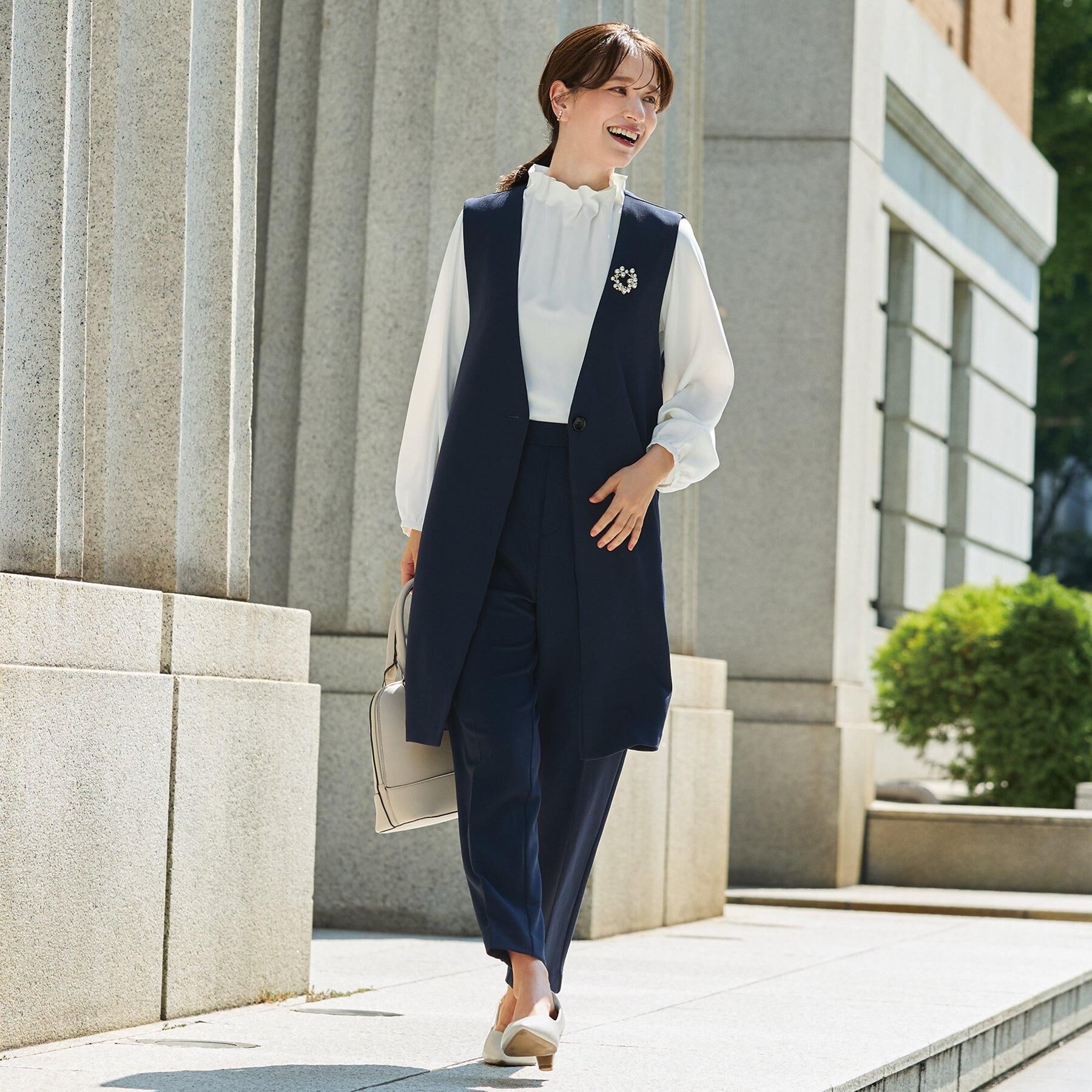 SHOO･LA･RUE「【洗濯機可/セットアップ可/S-3L】きちんと楽に。カットジョーゼット ロングジレ」|ベスト・ジレ|