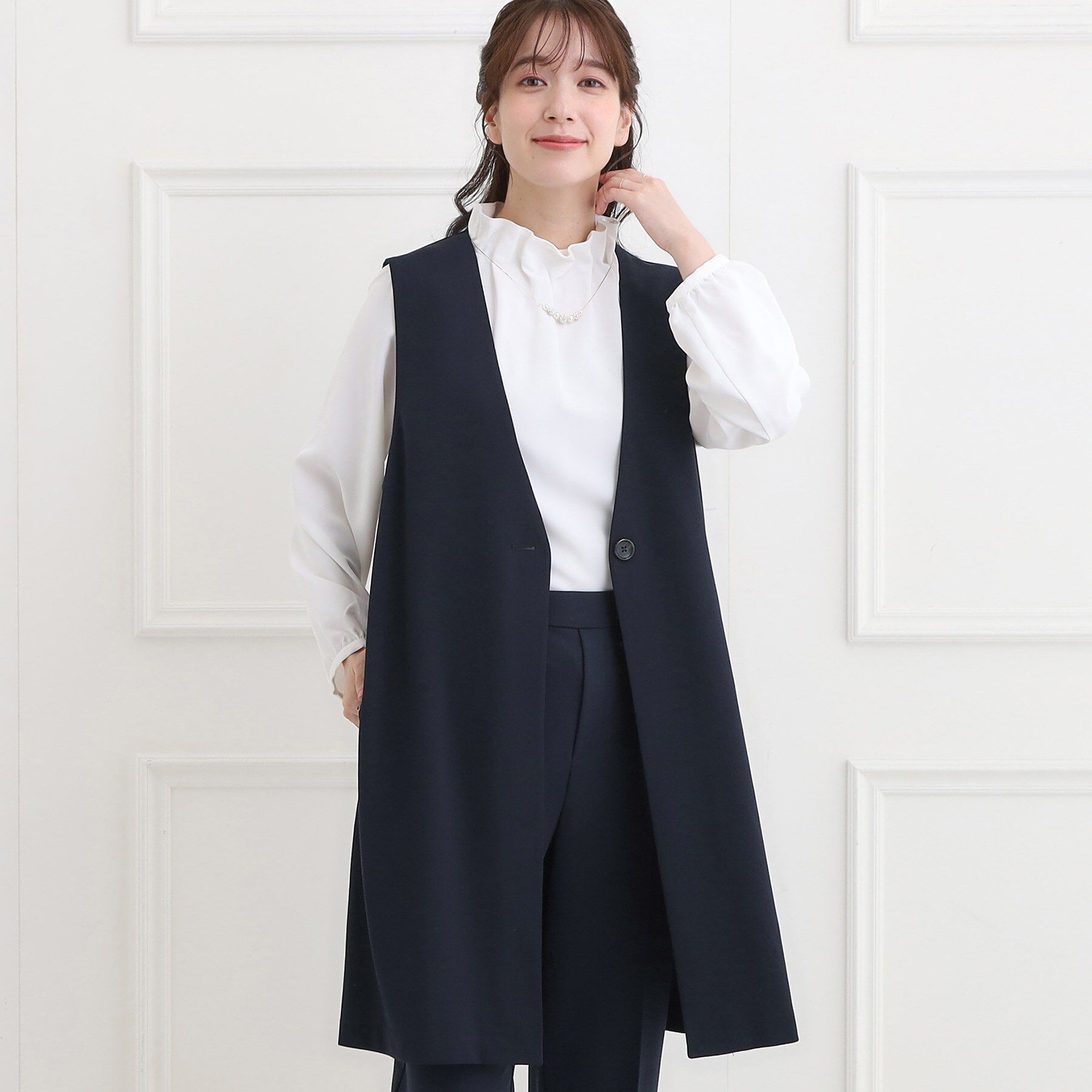 SHOO･LA･RUE「【洗濯機可/セットアップ可/S-3L】きちんと楽に。カットジョーゼット ロングジレ」|ベスト・ジレ|ネイビー(094)