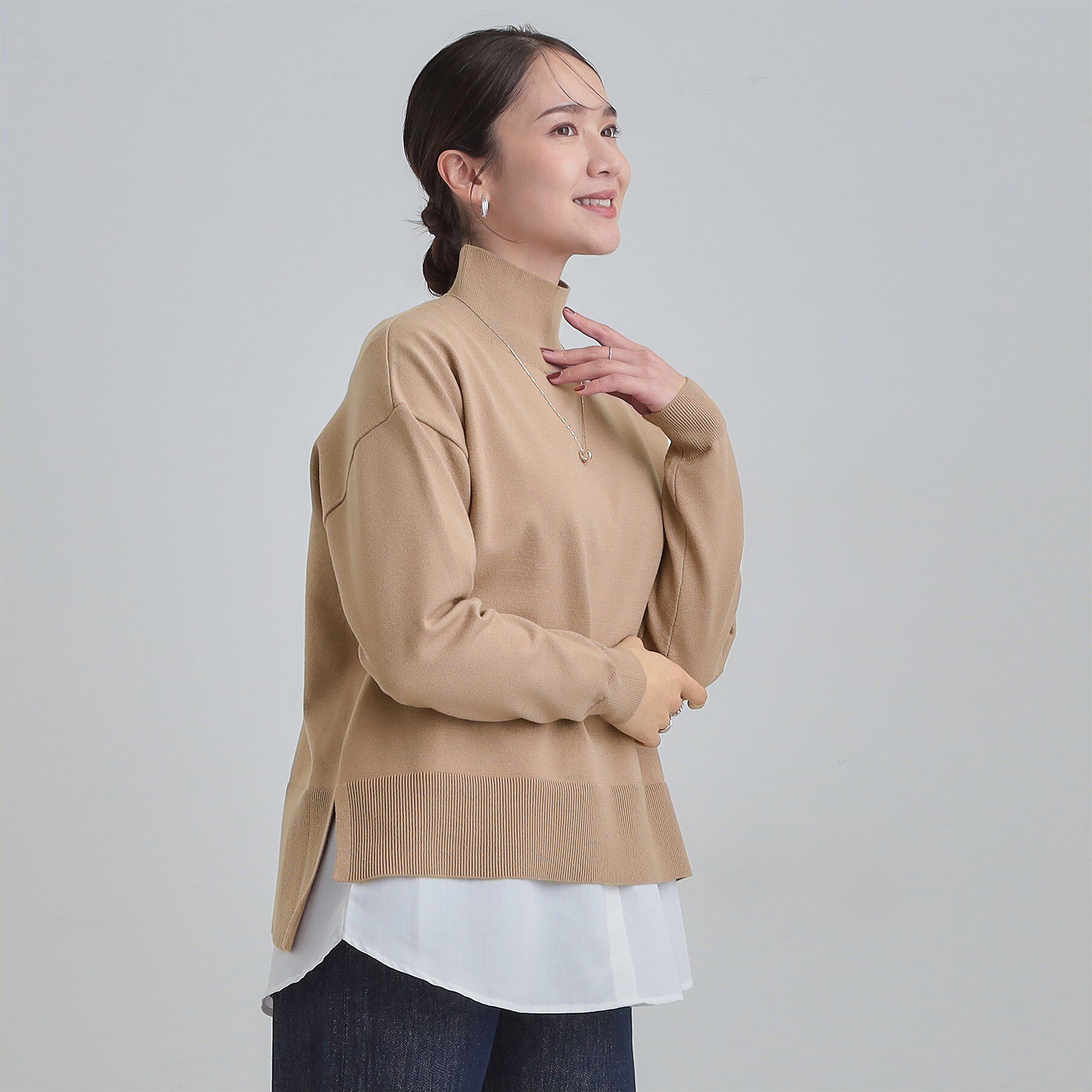SHOO･LA･RUE「【2点セット/S-LL】時短で決まる もちもちハイネックニット+裾シャツインナー」|ニット・セーター|
