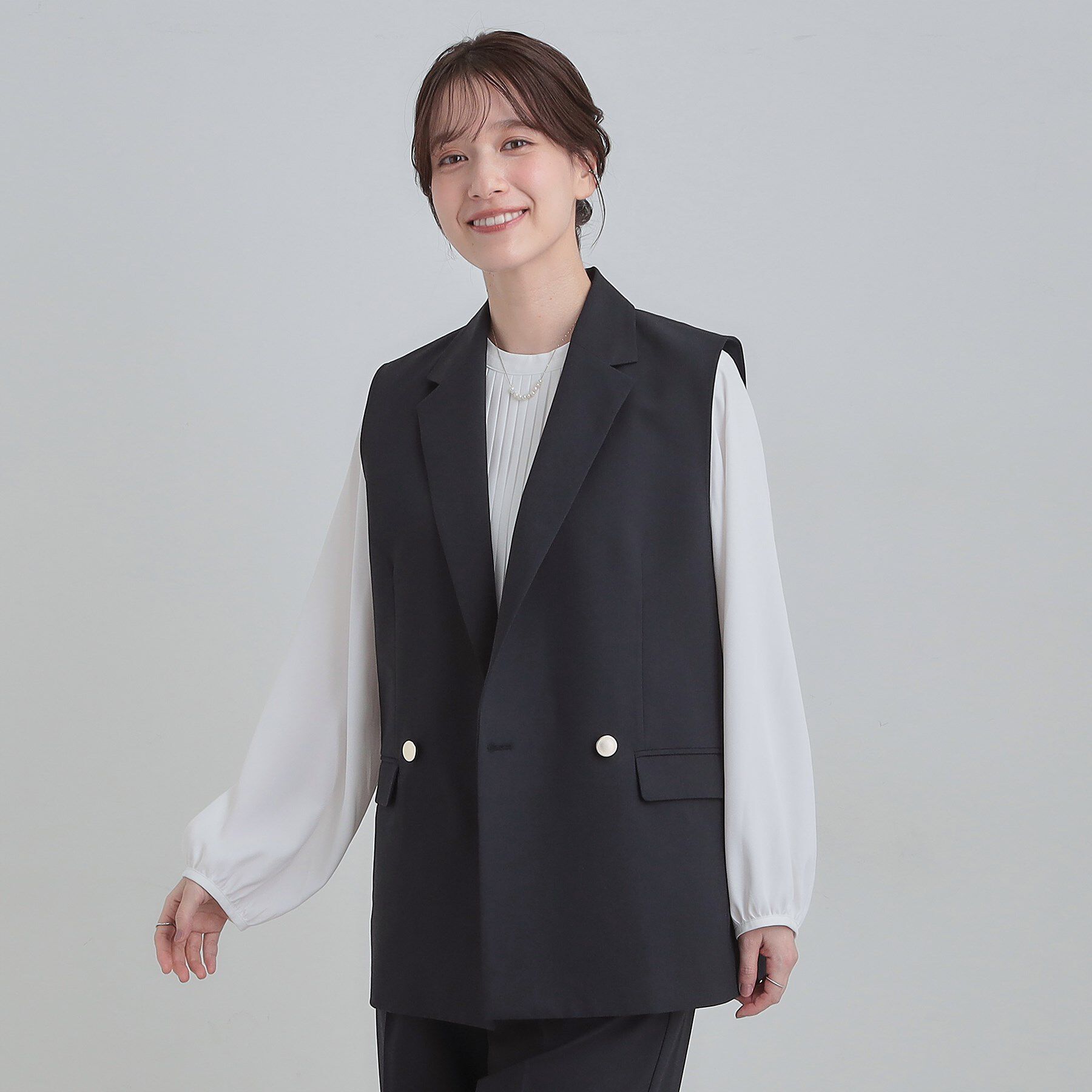 SHOO･LA･RUE「【セットアップ可/S-LL/洗濯機可】サッと羽織ってこなれ見え ダブルブレストジレ」|ベスト・ジレ|