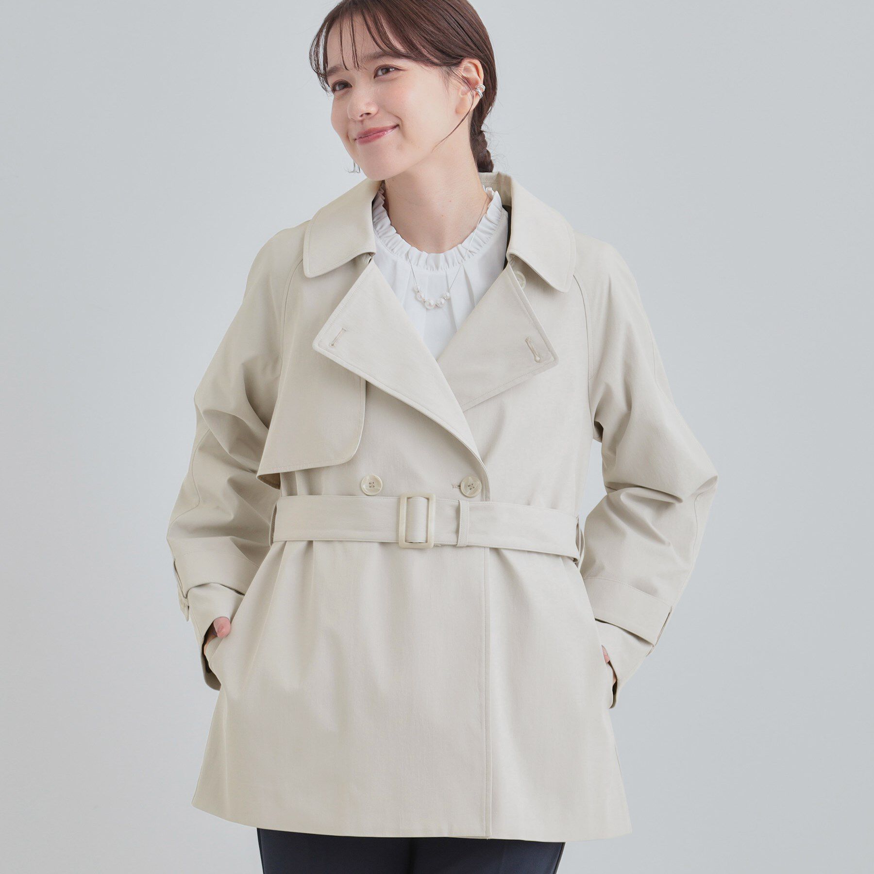 SHOO･LA･RUE「【S-LL/撥水】通勤やお出かけにも活躍 ミドルトレンチコート」|トレンチコート|ライトグレー(011