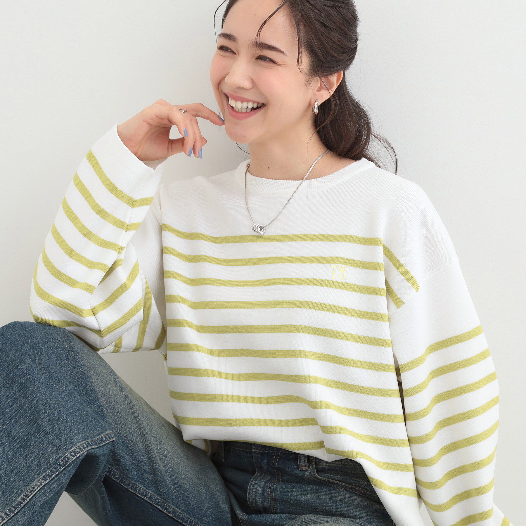 SHOO･LA･RUE「まるでTシャツ 大人カジュアルコーデに最適なボーダーニット」|ニット・セーター|グリーン(325)