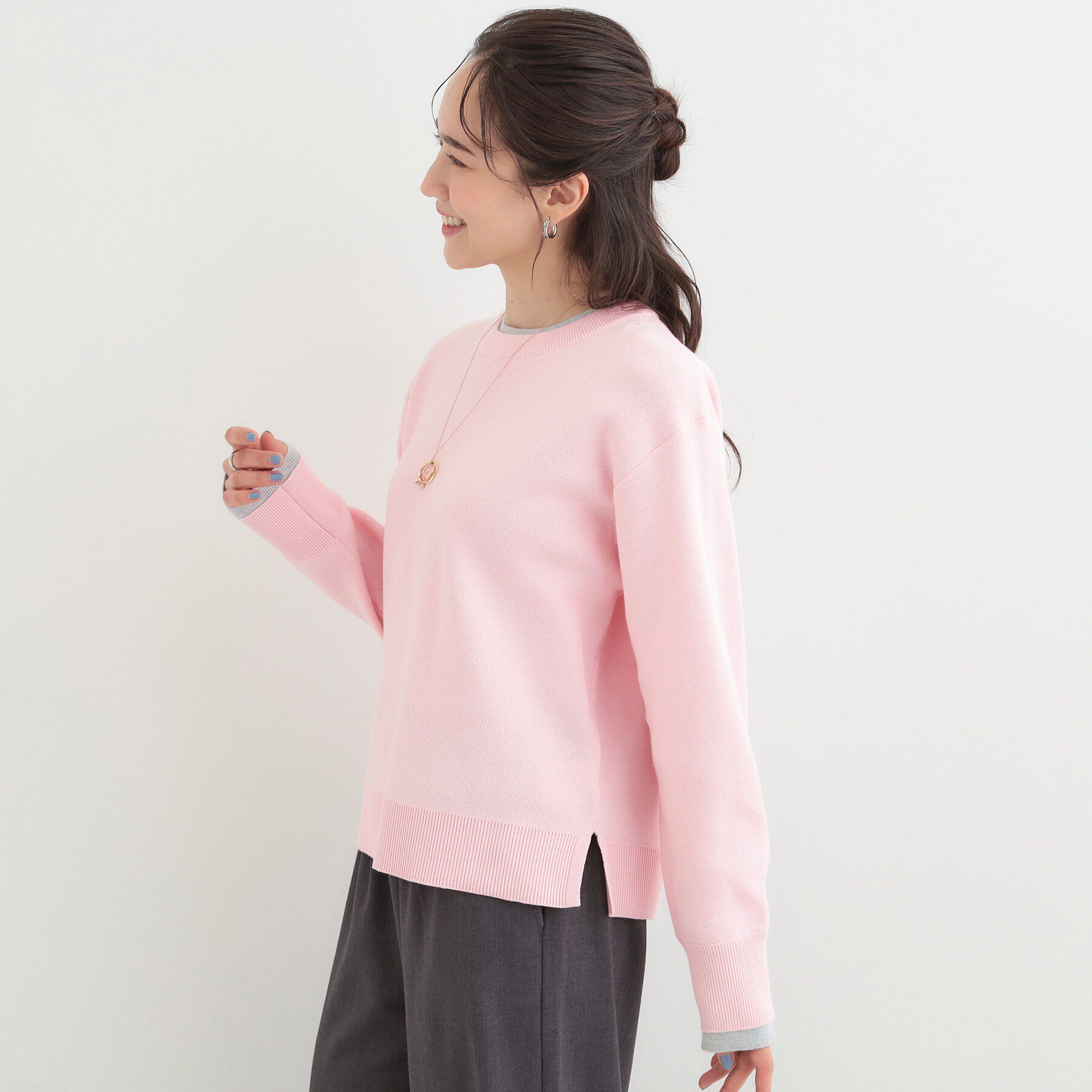 SHOO･LA･RUE「【洗濯機可/S-LL/インしなくても着られる】配色が上品 レイヤード風スウェットライクニット」|ニット・セーター|