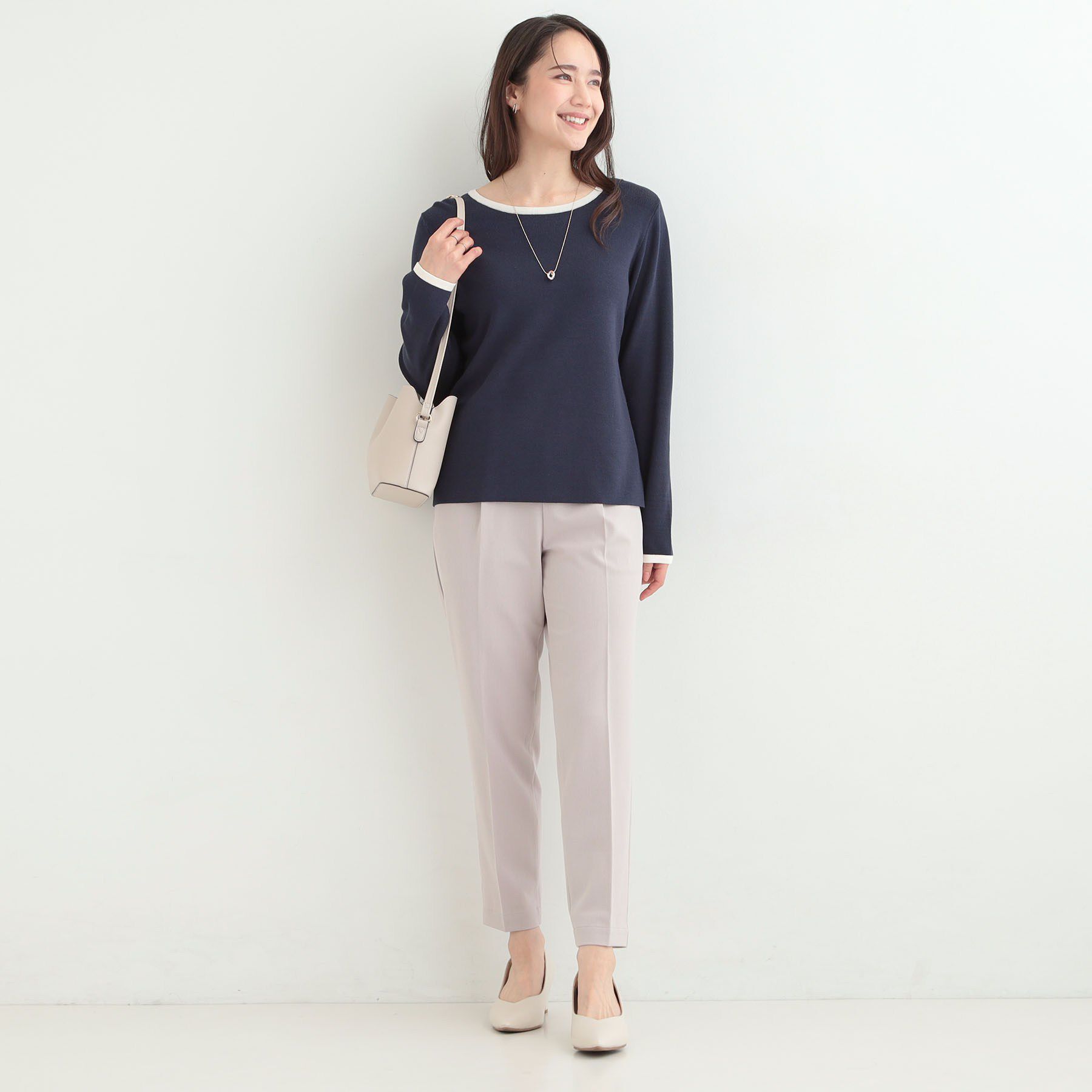 SHOO･LA･RUE「【洗濯機可/S-LL/アンサンブル可】すっきりと好印象 配色クルーネックニット」|ニット・セーター|