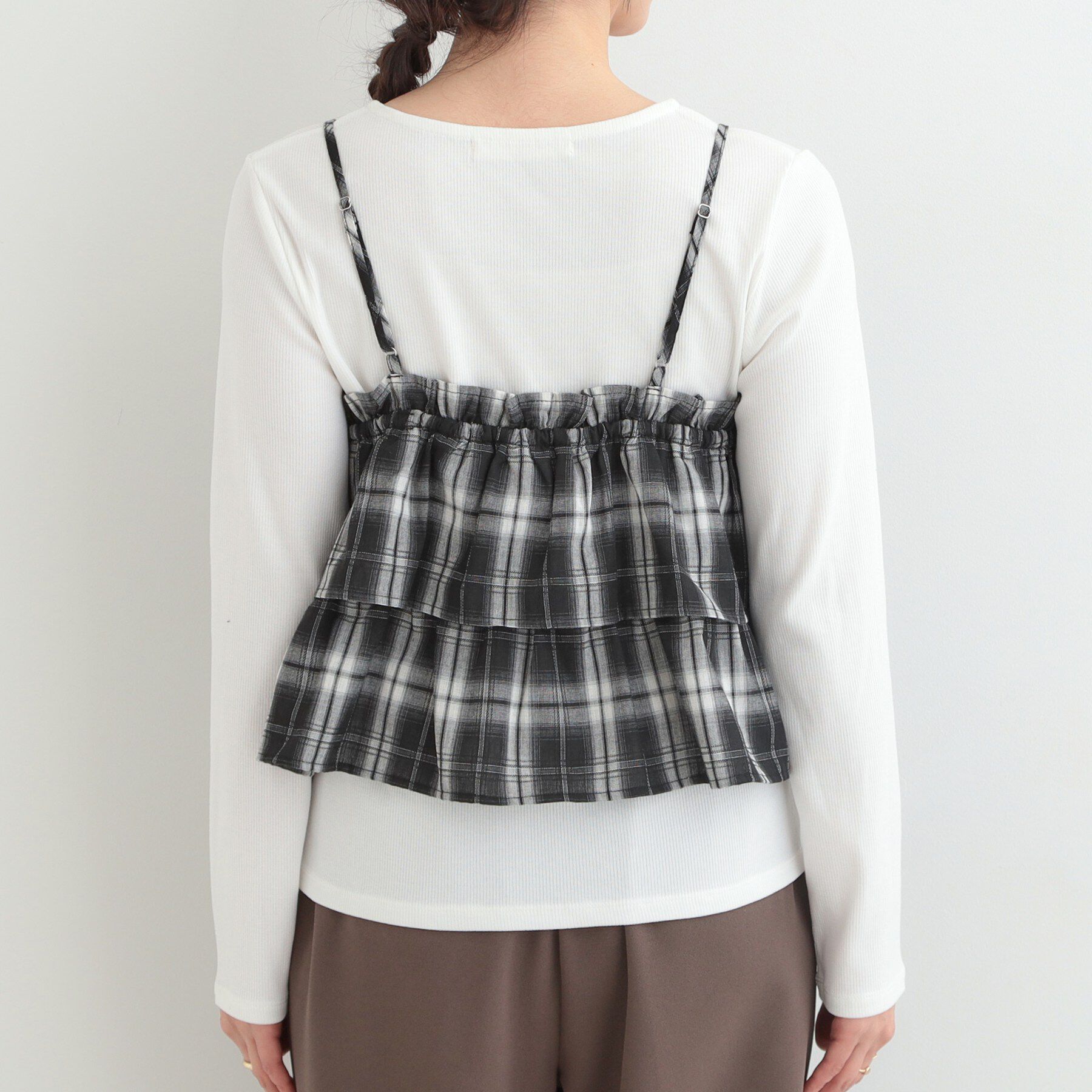 SHOO･LA･RUE「【2点セット】チェック柄フリルキャミビスチェ&times;テレコロンT」|Tシャツ・カットソー|