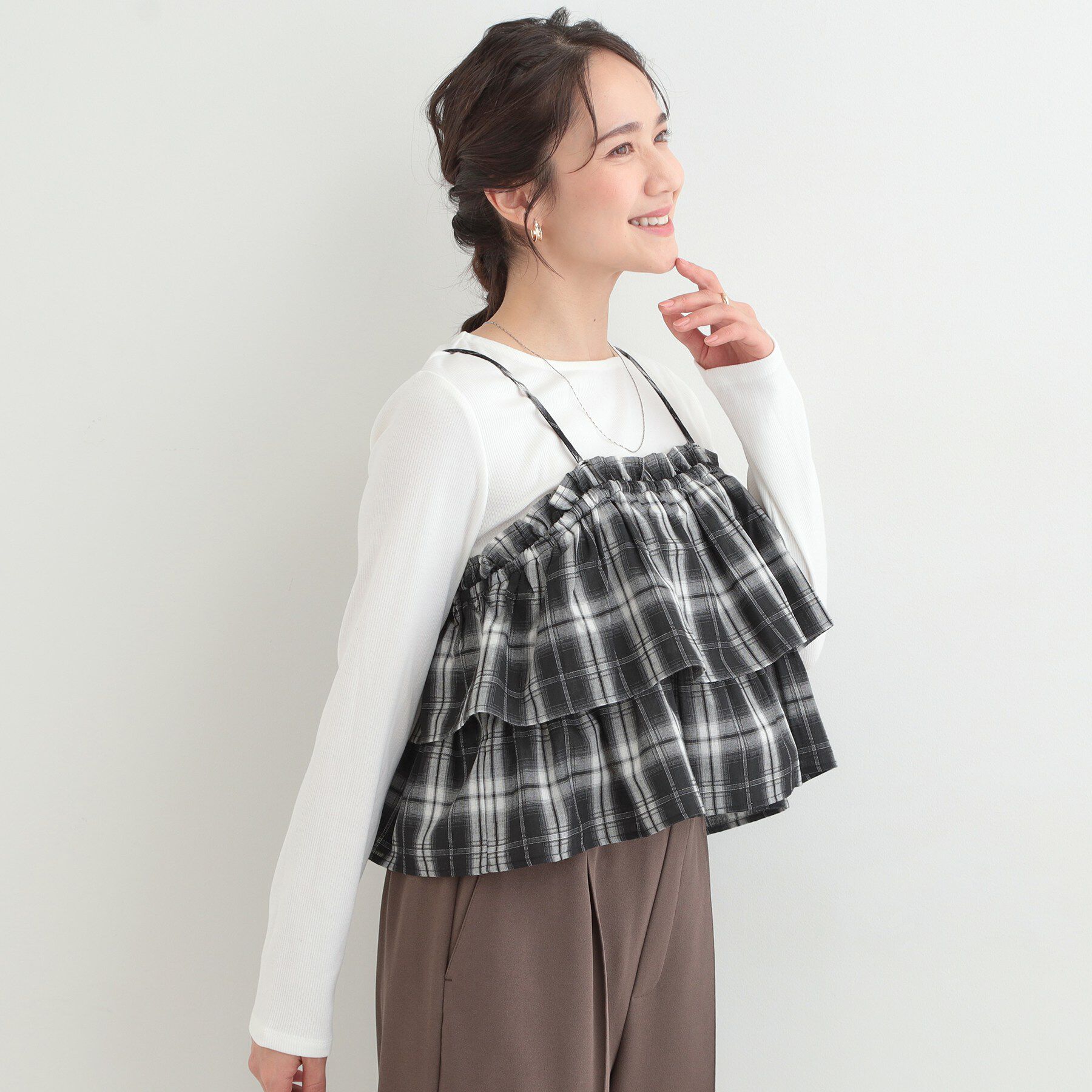 SHOO･LA･RUE「【2点セット】チェック柄フリルキャミビスチェ&times;テレコロンT」|Tシャツ・カットソー|