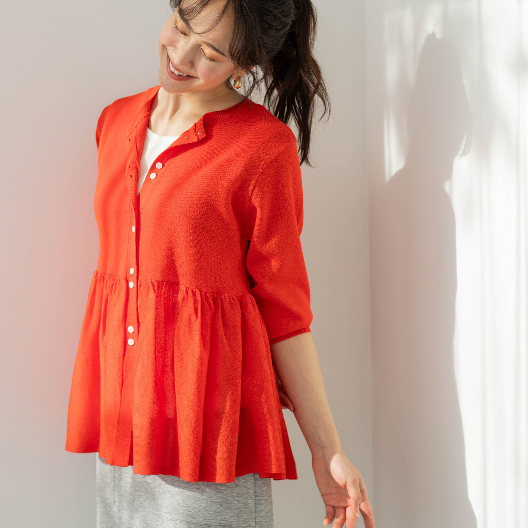 SHOO･LA･RUE「七分袖ペプラムニットカーディガン」|カーディガン|オレンジ(067)