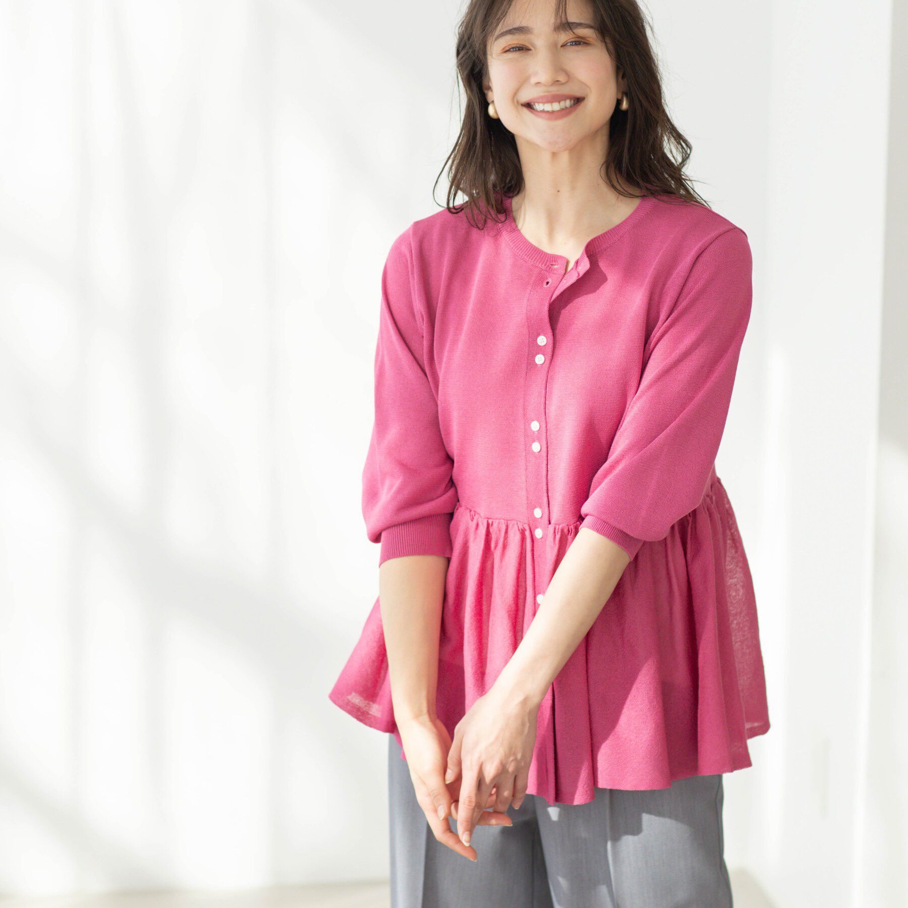 SHOO･LA･RUE「七分袖ペプラムニットカーディガン」|カーディガン|ピンク(073)