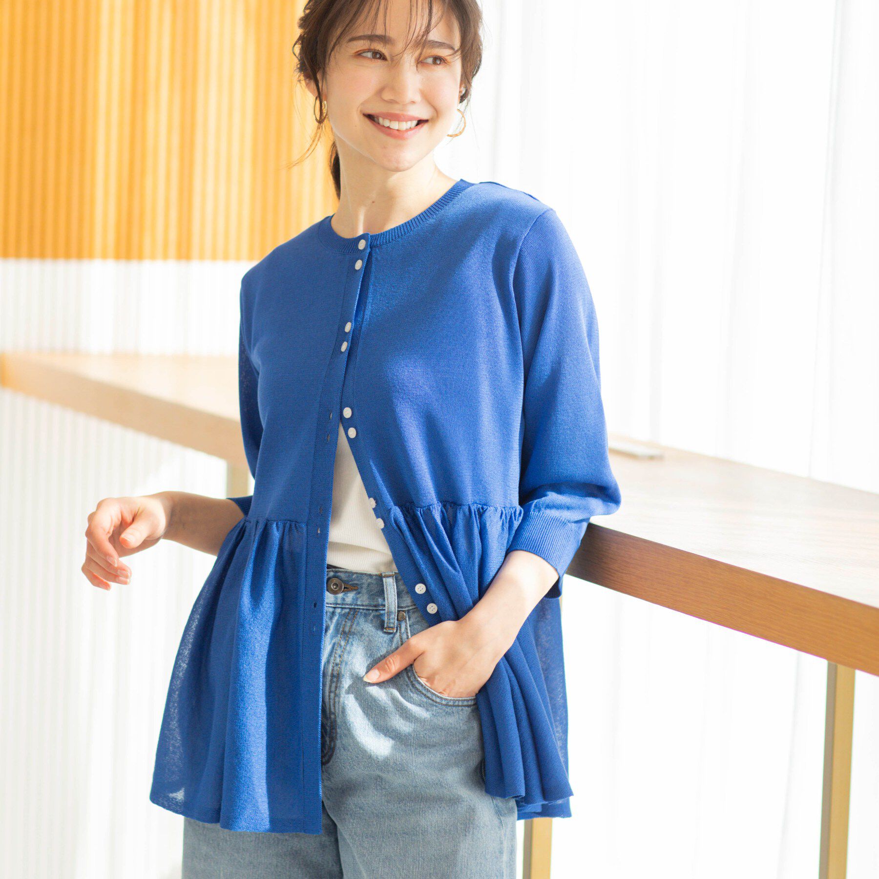 SHOO･LA･RUE「七分袖ペプラムニットカーディガン」|カーディガン|ブルー(093)