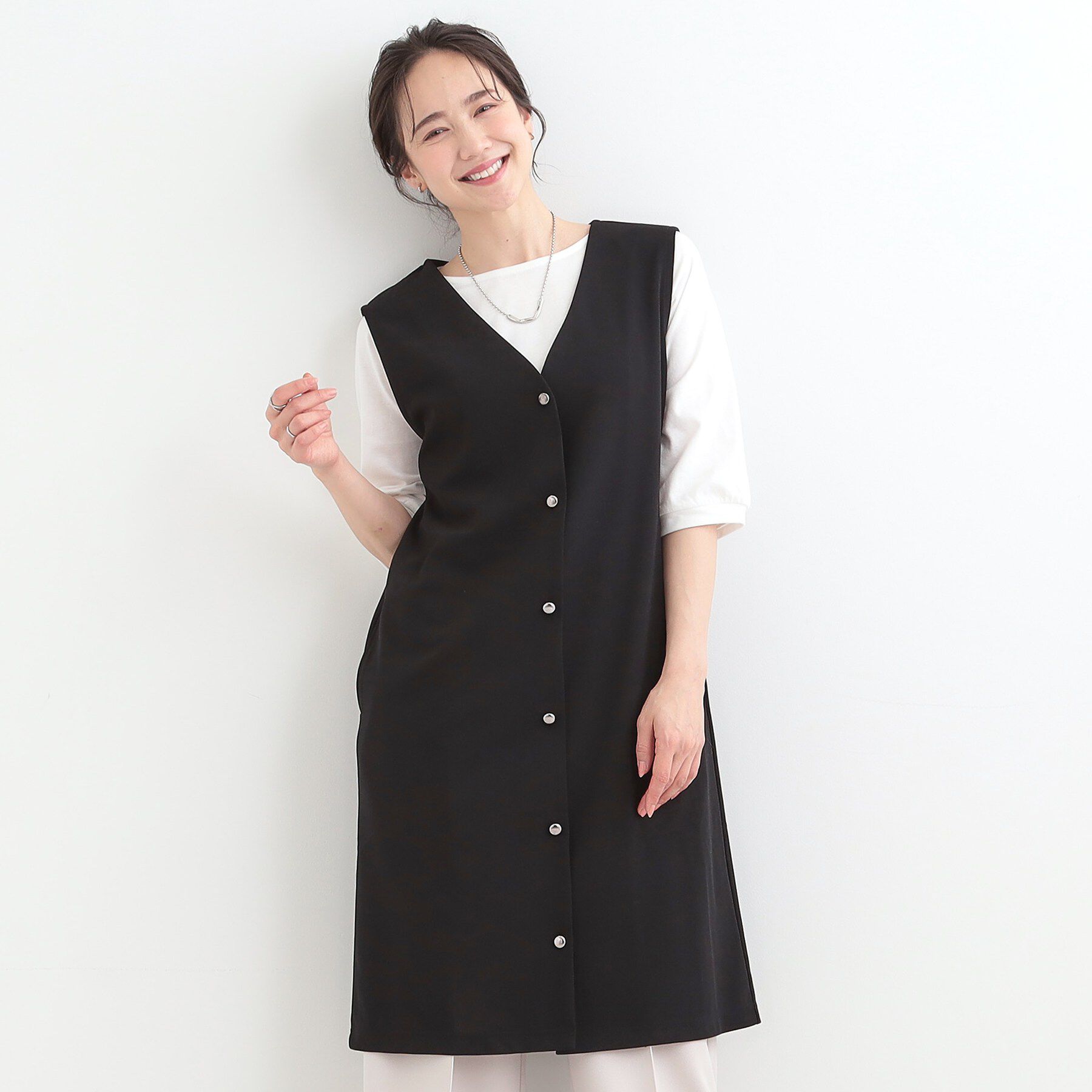 SHOO･LA･RUE「【2点セット/洗濯機可/S-LL】ジレにもなるジャンスカ+5分袖Tシャツ」|ワンピース|