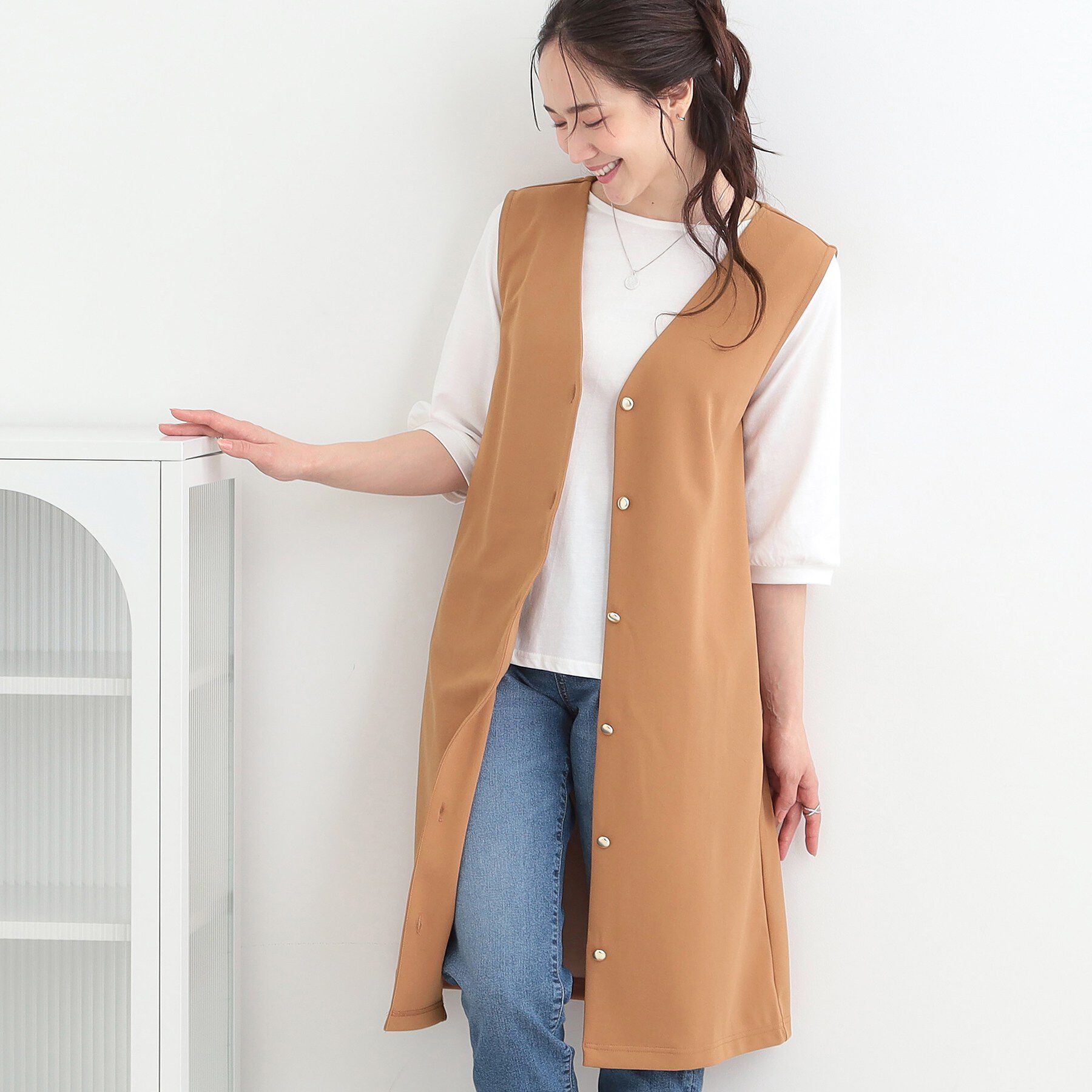 SHOO･LA･RUE「【2点セット/洗濯機可/S-LL】ジレにもなるジャンスカ+5分袖Tシャツ」|ワンピース|トープ(054)