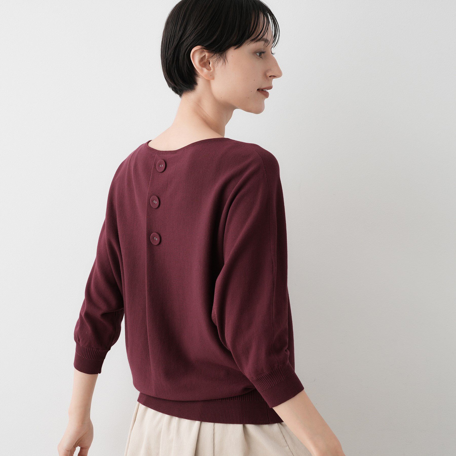 Dessin「【洗える】後ろボタンニットプルオーバー七分袖」|ニット・セーター|ボルドー(064)