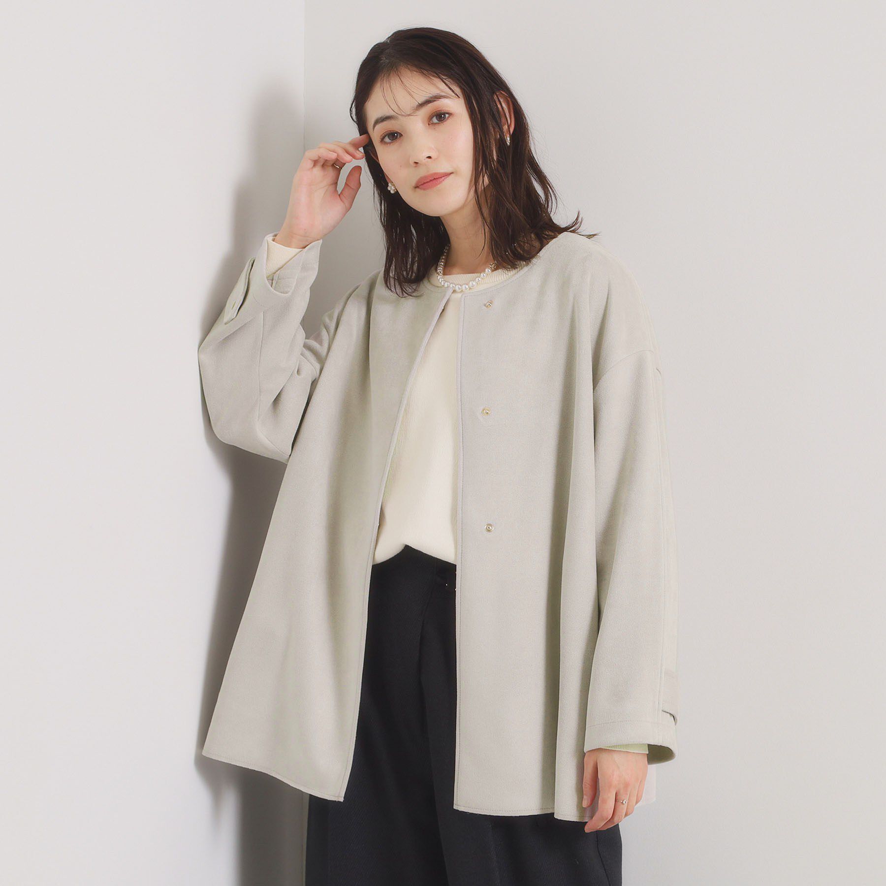 ITS&rsquo;DEMO「カットスエードコート」|ノーカラーコート|ライトグレー(011