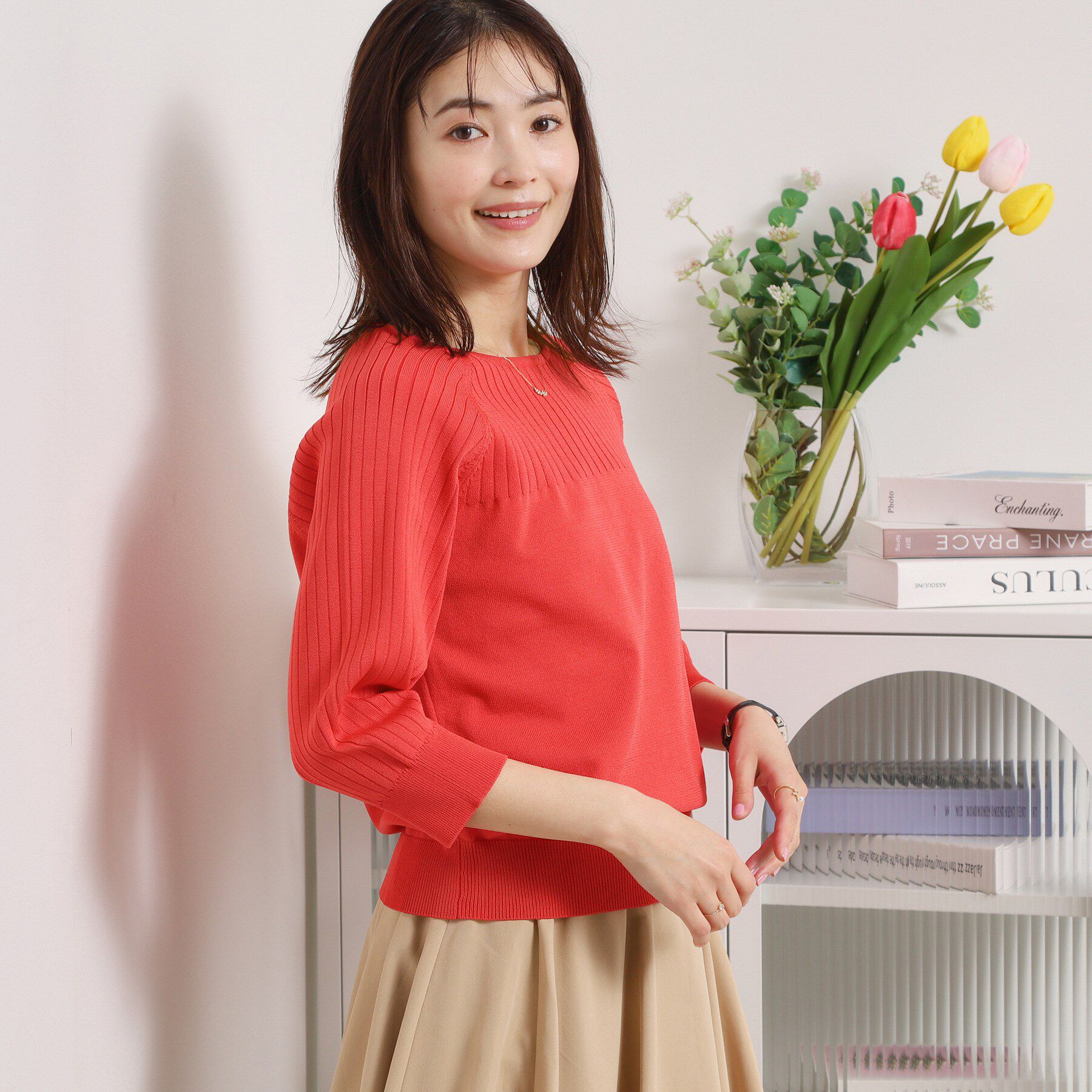 ITS&rsquo;DEMO「【縮みに強い／毛玉防止／洗濯機OK】タフニット リブ切替ニットプルオーバー」|ニット・セーター|レッド(062)