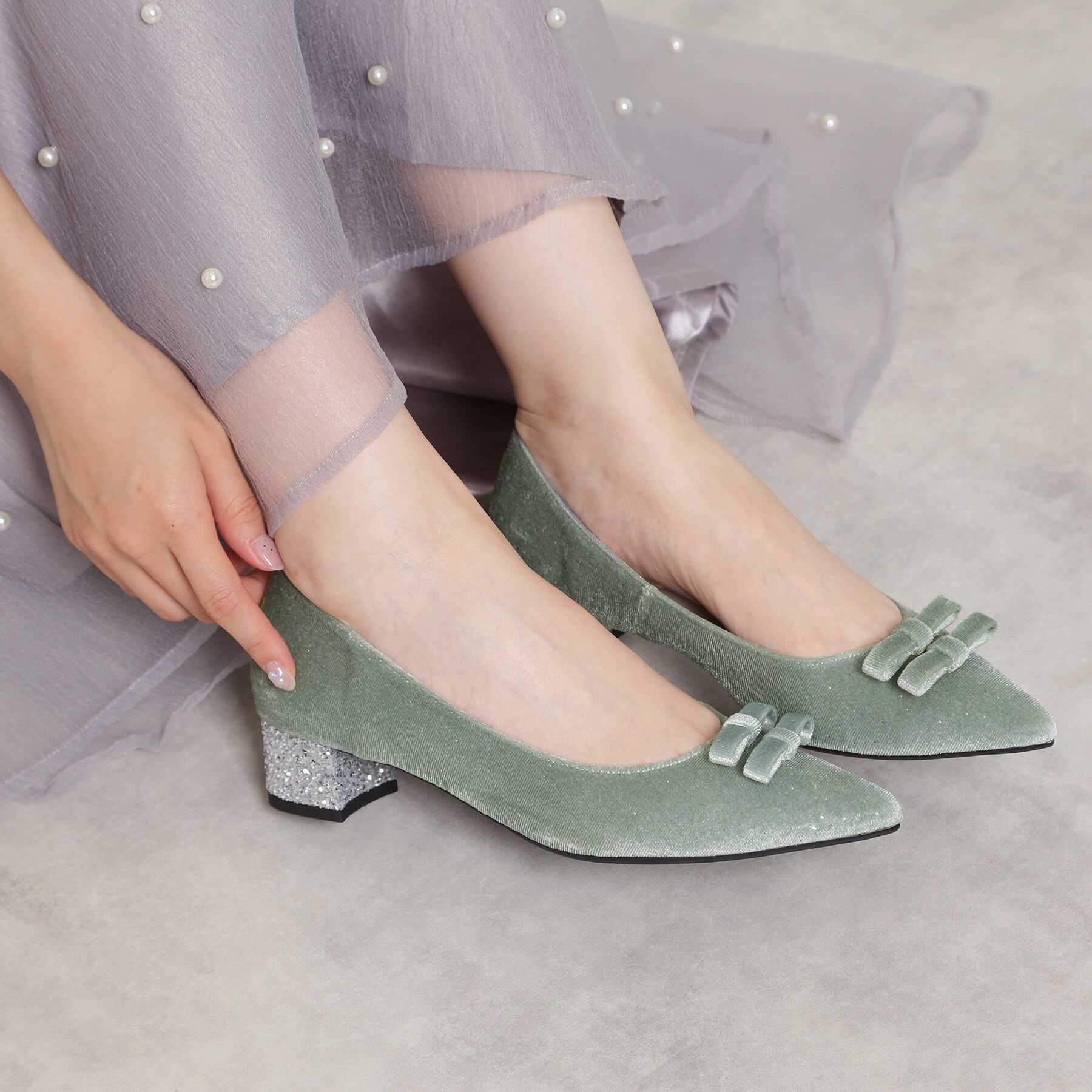 ESPERANZA「ラメベルベットダブルリボンパンプス」|パンプス|