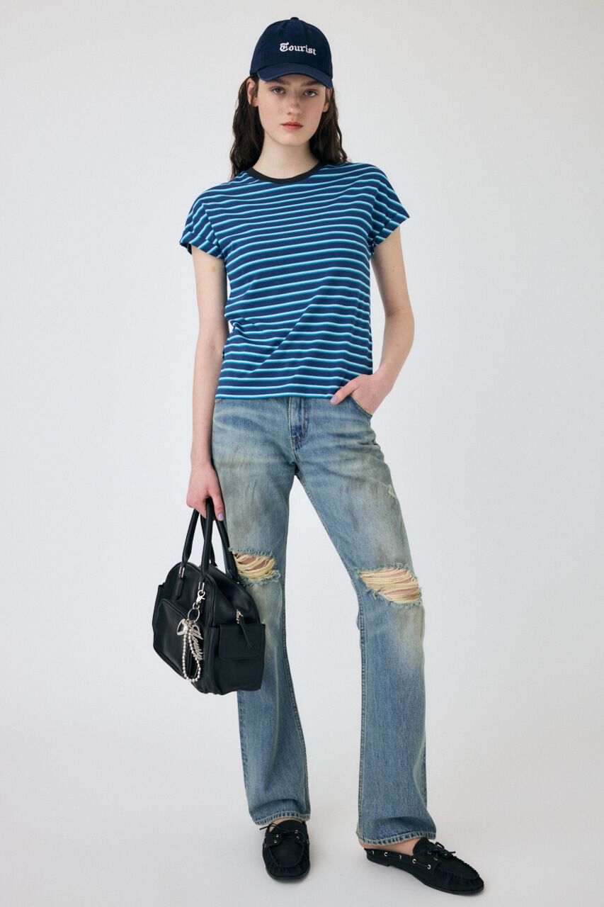 MOUSSY「ROLL SLEEVE マルチストライプ TEE」|Tシャツ・カットソー|