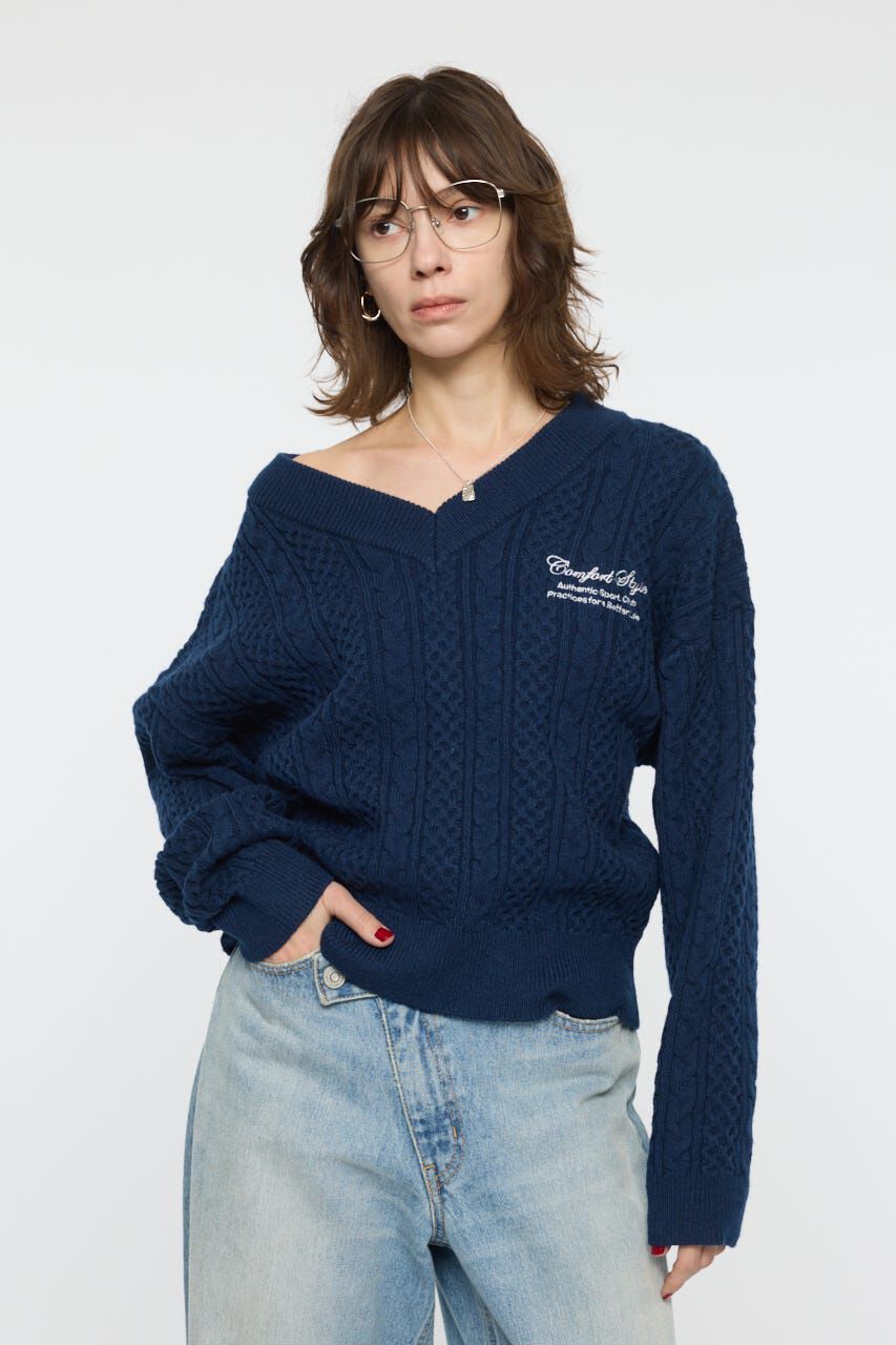 MOUSSY「CABLE V NECK ニット」|ニット・セーター|NVY