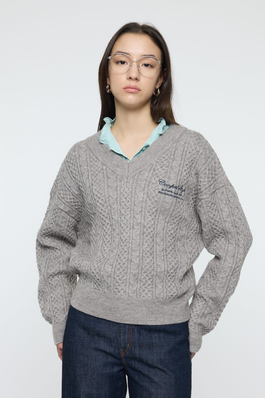 MOUSSY「CABLE V NECK ニット」|ニット・セーター|T.GRY