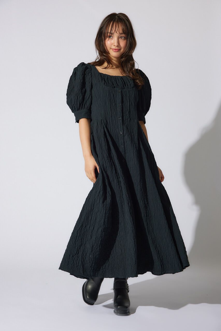 rienda「バストギャザーデザインジャガードフレアワンピース」|ワンピース|BLK