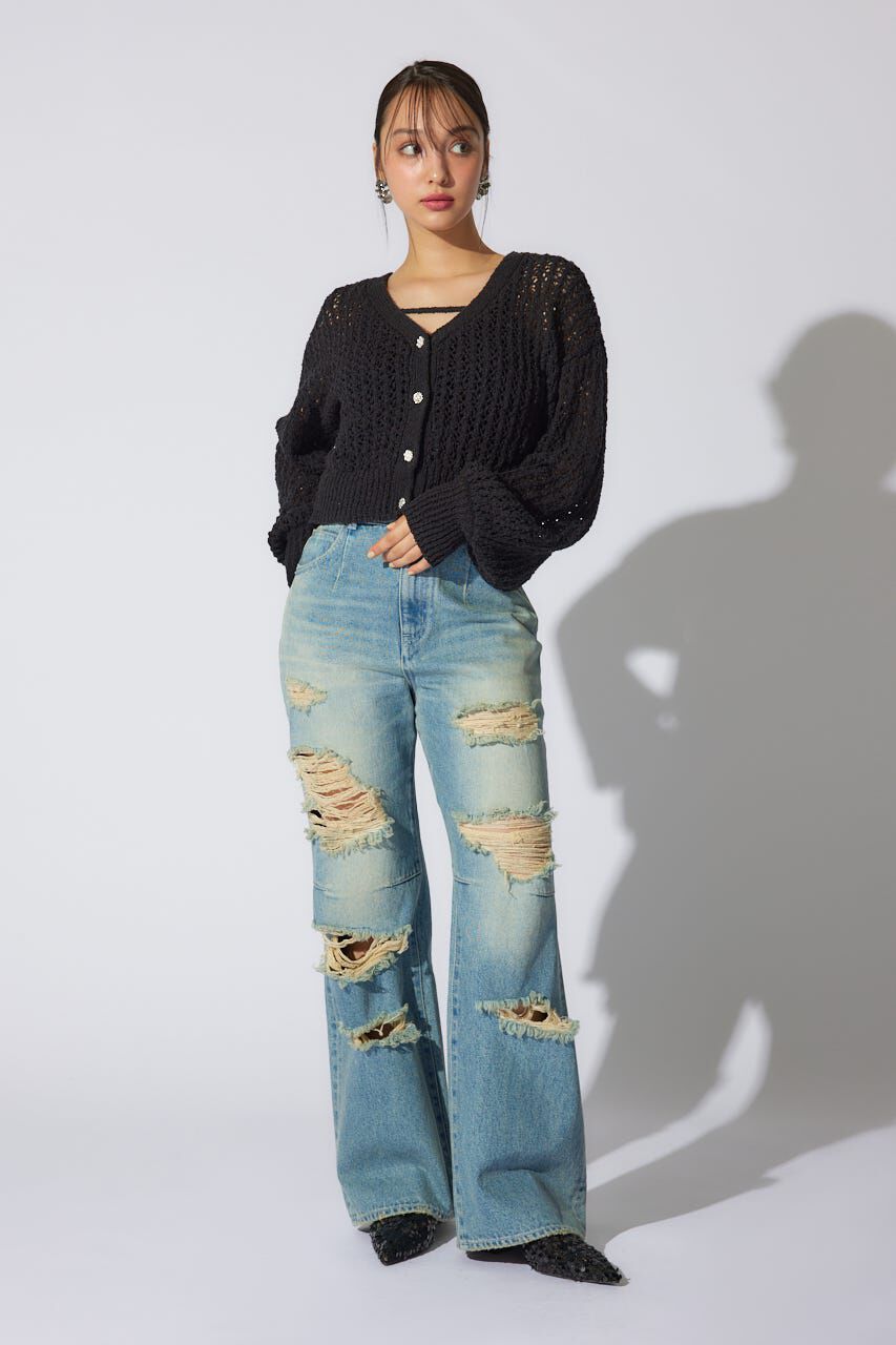 rienda「クラッシュワイドジャストウエストデニムパンツ」|デニム|BLU