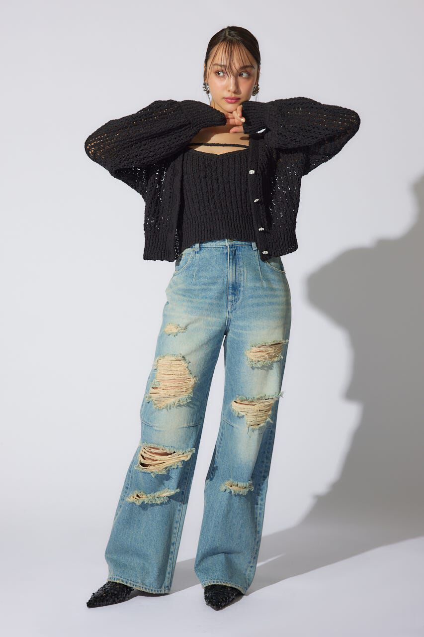 rienda「クラッシュワイドジャストウエストデニムパンツ」|デニム|