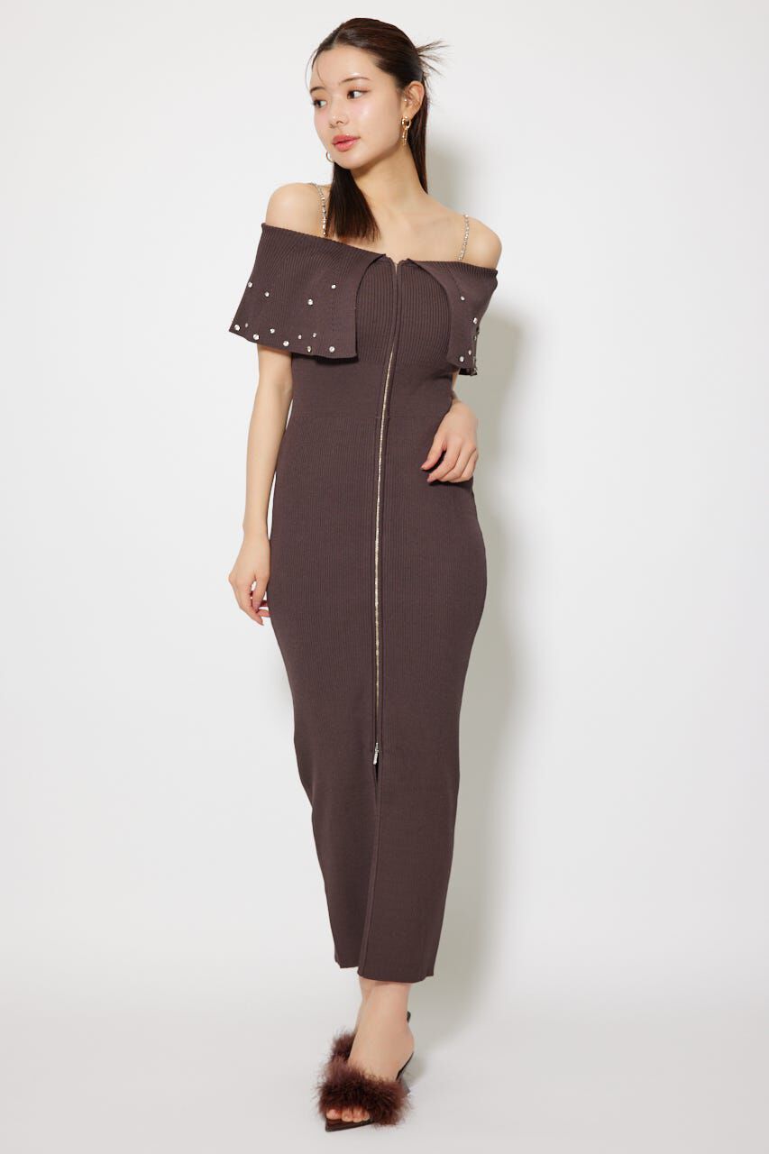 rienda「2WAYオフショルビジューカラーハーフスリーブニットワンピース」|ワンピース|