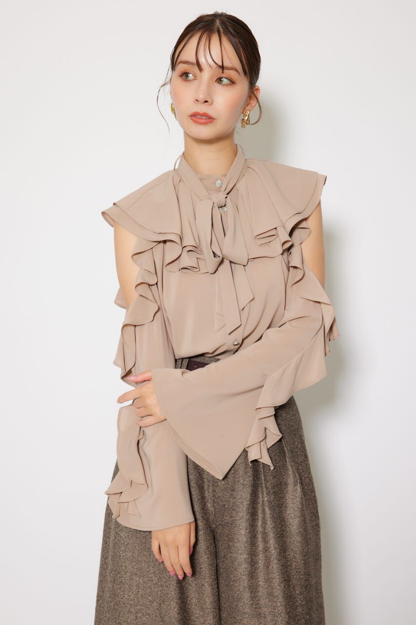 rienda「フリルスリーブビッグカラーリボンブラウス」|シャツ・ブラウス|